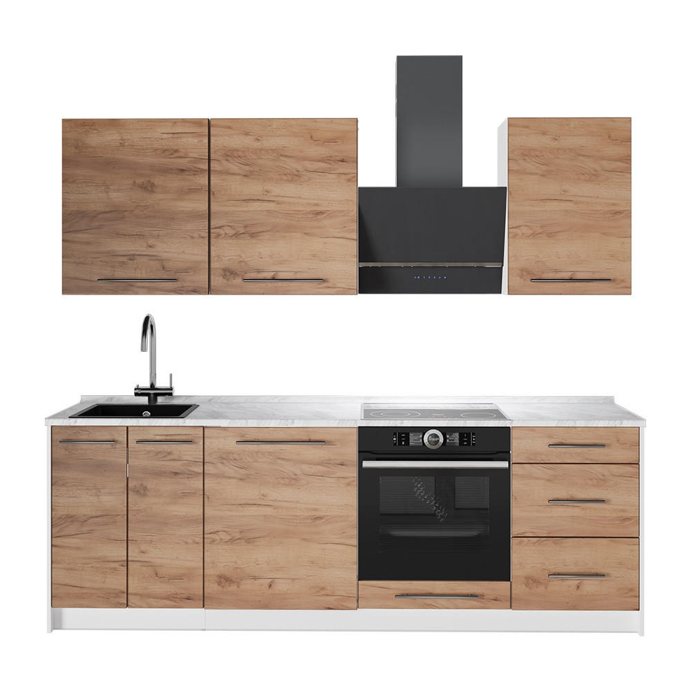 KÜCHENZEILE Fame-Line, Goldkraft Eiche/Weiß, 230 cm, AP Marmor - Honigeiche/Weiß, Holzwerkstoff (230/82/60cm) - Vicco