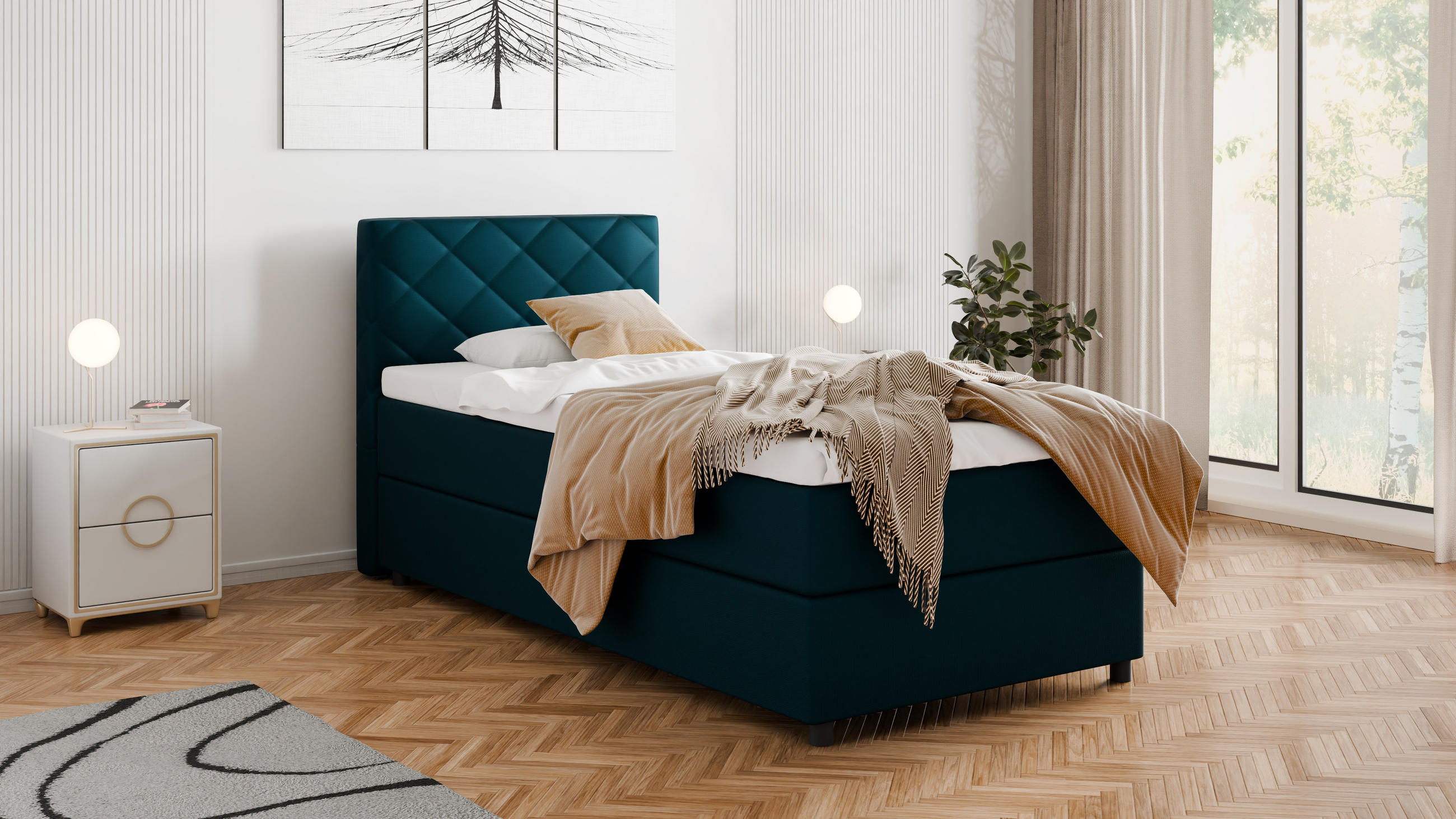 BOXBETT Diamaro 100x200 cm mit Bettkasten und Topper - Dunkeltürkis - Türkis, Holz (100/200cm) - Panda Möbel