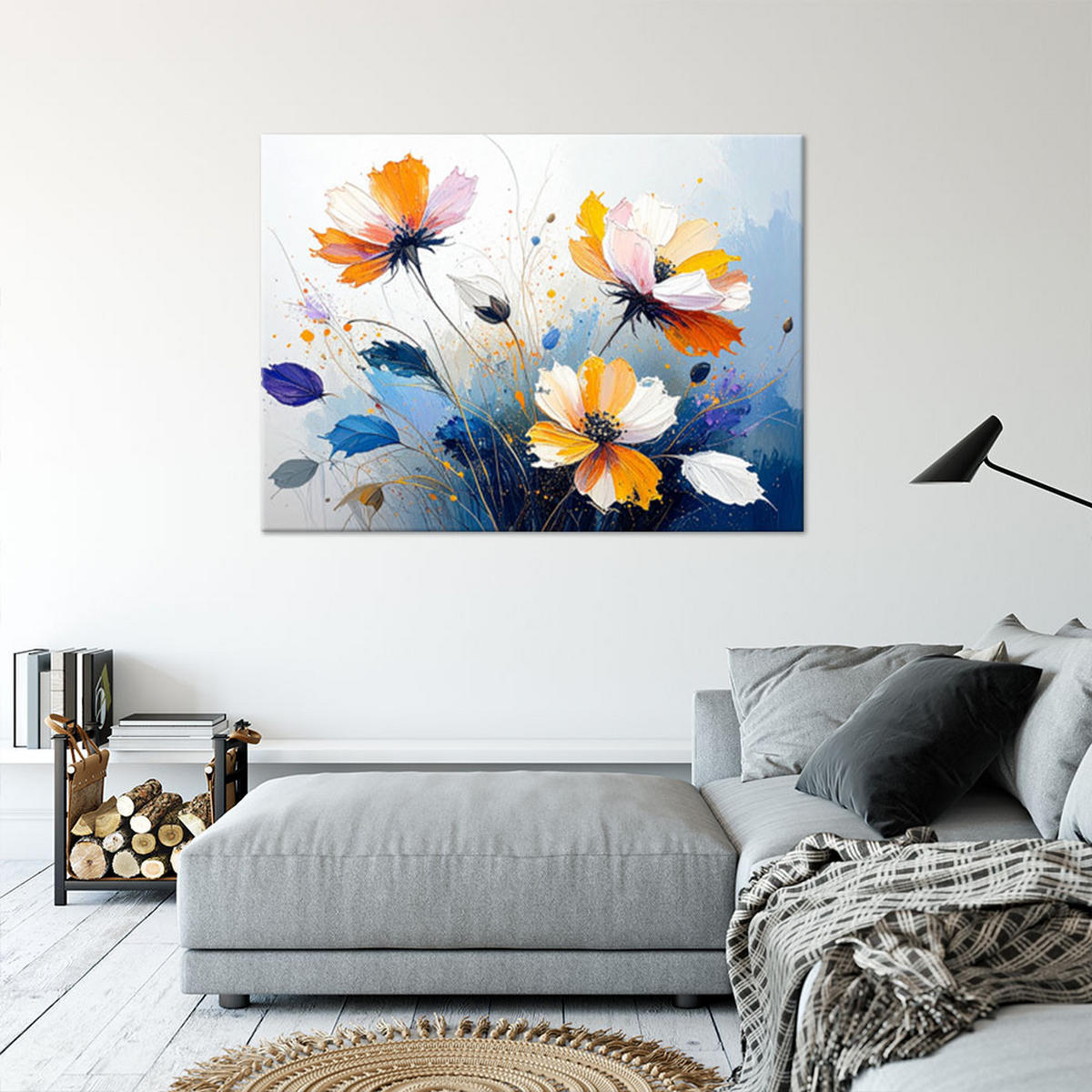 BILD auf Leinwand, Bunte mit Wasserfarben gemalte Blumen - Blau, Textil (120/80cm) - Feeby