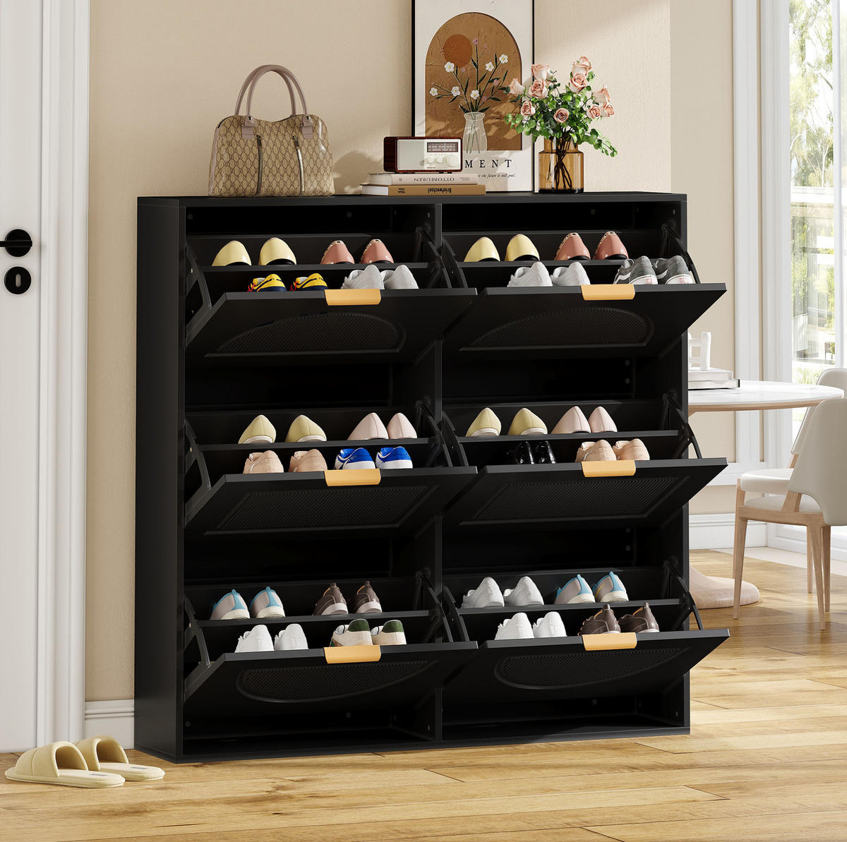 SCHUHSCHRANK 118/25/115 cm mit 6 Klappenfächern, verstellbaren Einlegeböden und Kippsicherung, Schwarz - Schwarz, Holzwerkstoff (118/115/25cm) - Redom