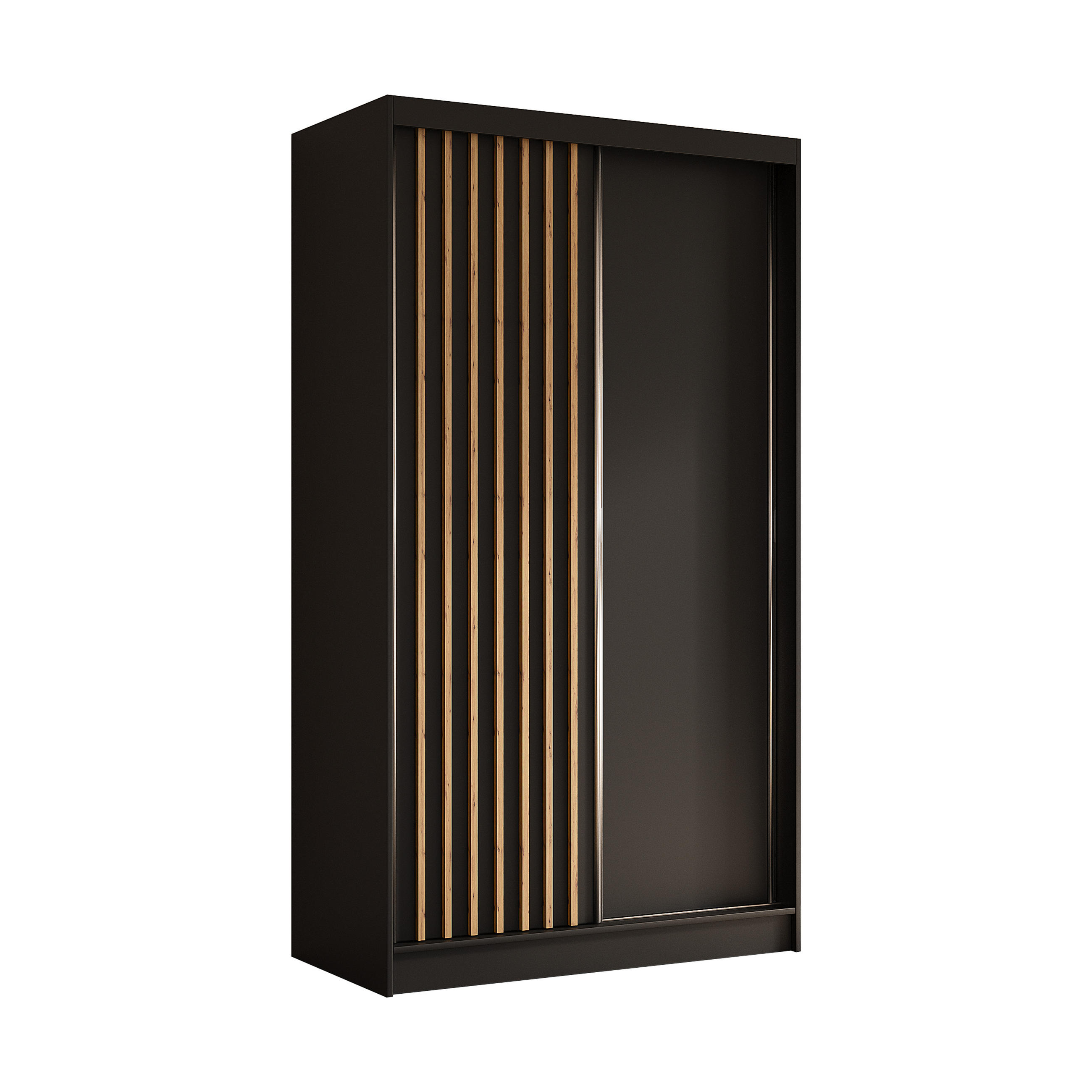 KLEIDERSCHRANK mit furnierten Schiebetüren und Aluminium-Leisten, LED-Beleuchtung - LABELO - 120 cm Schwarz+Schwarz+Artisan - Schwarz/Eiche Artisan, Holzwerkstoff (120/216/61cm) - ALTDECOR