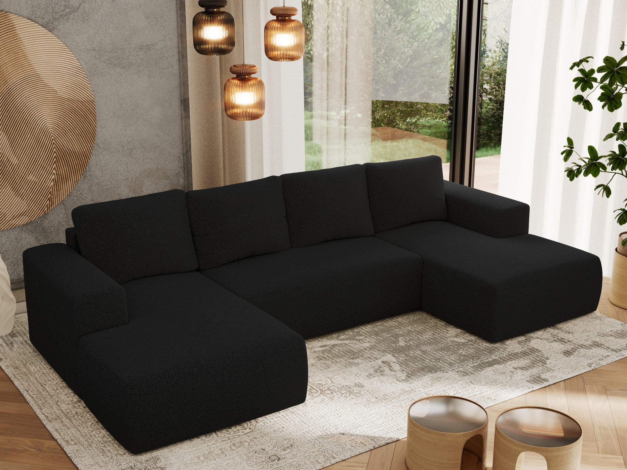 WOHNLANDSCHAFT TRENTINO U Schwarz Boucle - Schwarz, Textil (334/91/163cm) - MKS
