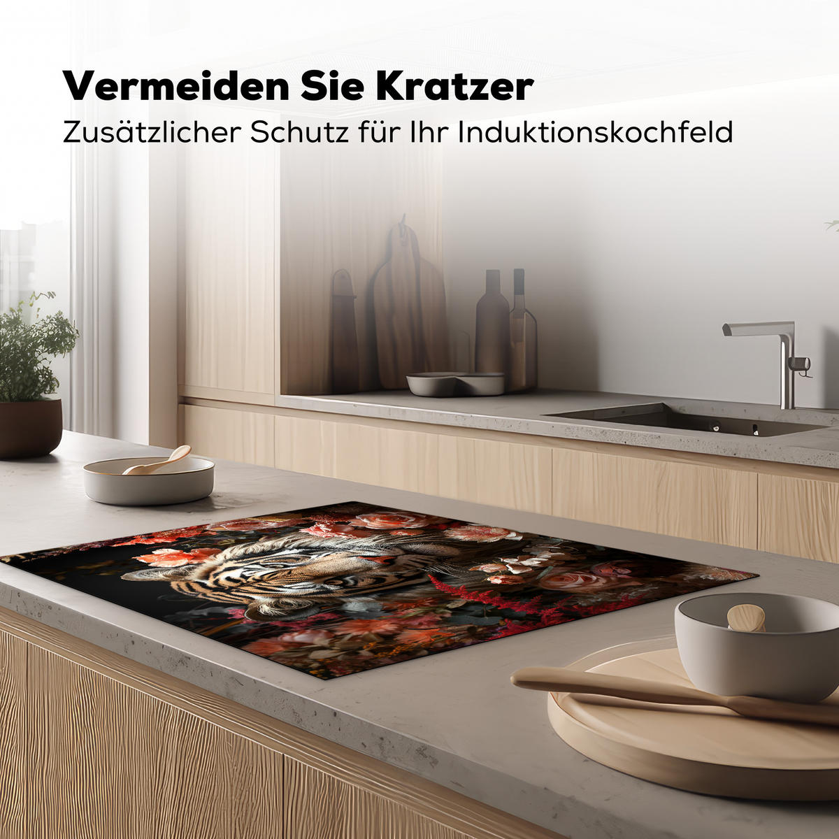 HERDABDECKPLATTE Tiger - Tier - Natur - Floral - Botanisch Induktionsmatte 77x59 cm - Orange, Kunststoff (77/59/0.2cm) - MuchoWow