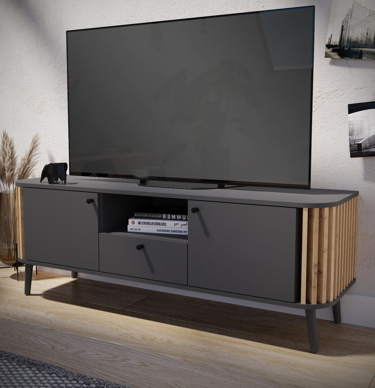 TV-LOWBOARD grau, Eiche Artisan 138 cm, Fernsehtisch mit 3D-Lamellen - Dunkelgrau/Schwarz, Holzwerkstoff/Metall (138/50/40cm) - Inn.Furn