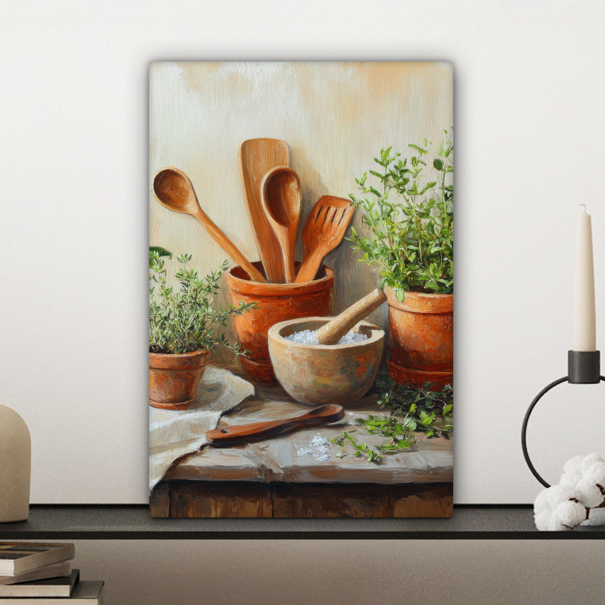 LEINWANDBILD Töpfe - Kräuter - Holz 20x30 cm - Terracotta, Textil (20/30cm) - MuchoWow