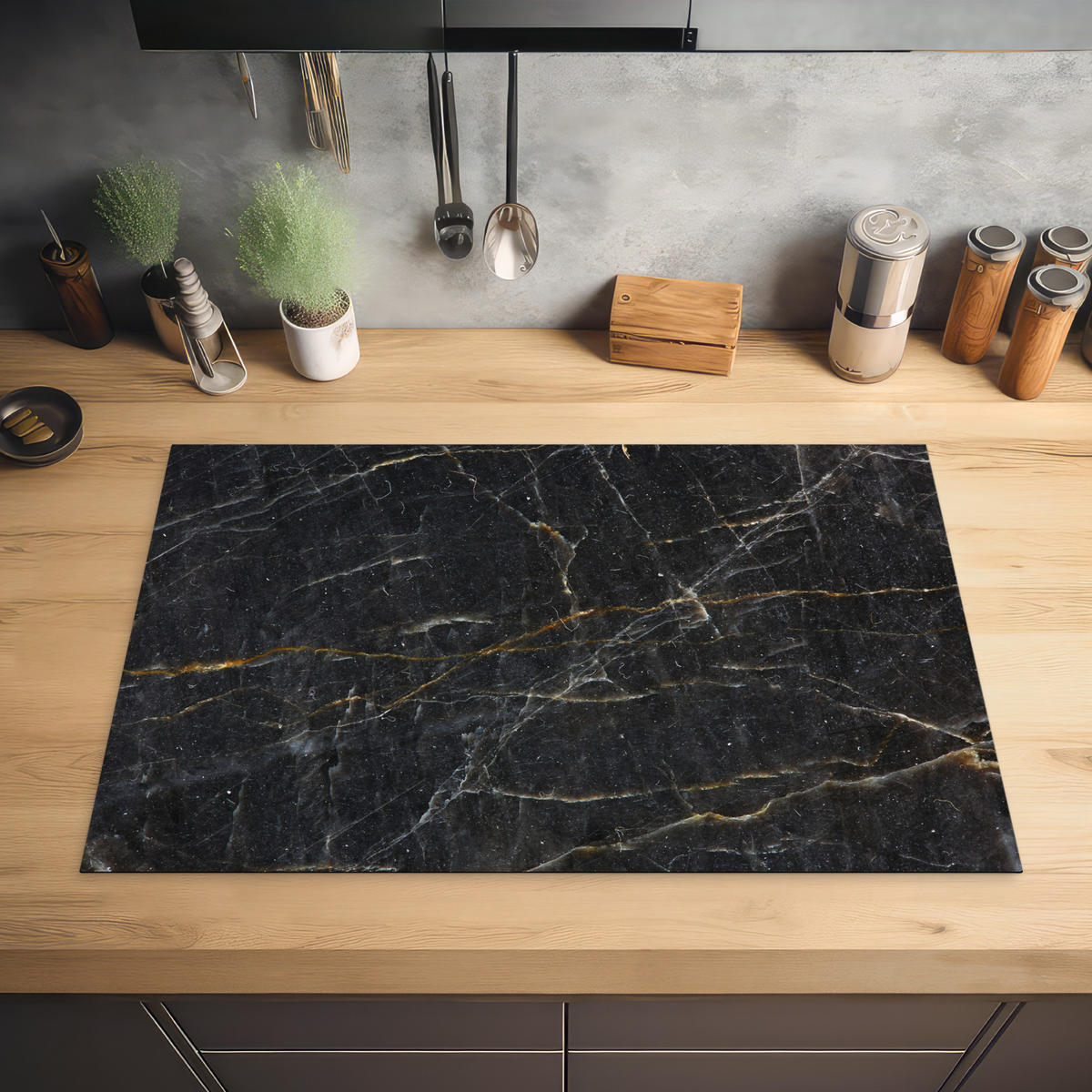 HERABDECKPLATTE - Marmor - Schwarz - Gold - Grau - Marmorstruktur - 90x60 - Goldfarben, Kunststoff (90/60/0.2cm) - MuchoWow