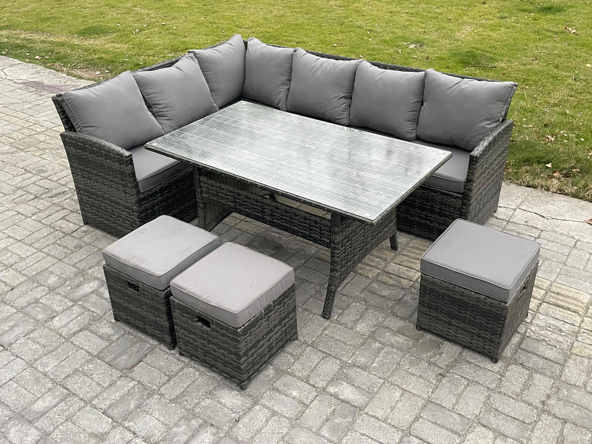 SITZGRUPPE mit Esstisch,Fußhocker Polyrattan Dunkelgrau 9-Sitzer - Dunkelgrau/Grau, Glas/Kunststoff - Fimous