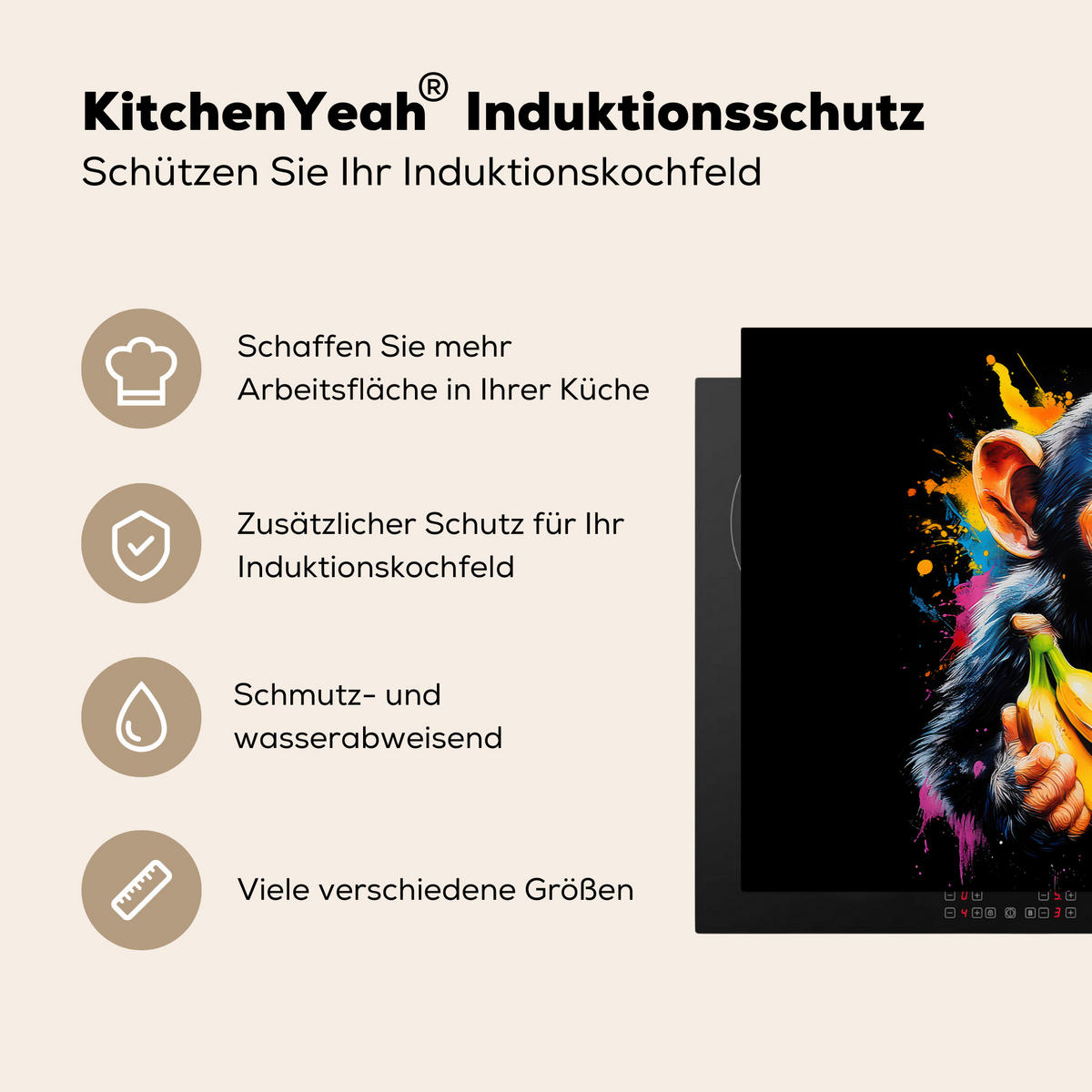 HERDABDECKPLATTE Affe - Graffiti - Farbenfroh - Bananen - Modern 81x52 cm - Gelb, Kunststoff (81.6/52.7/0.2cm) - MuchoWow