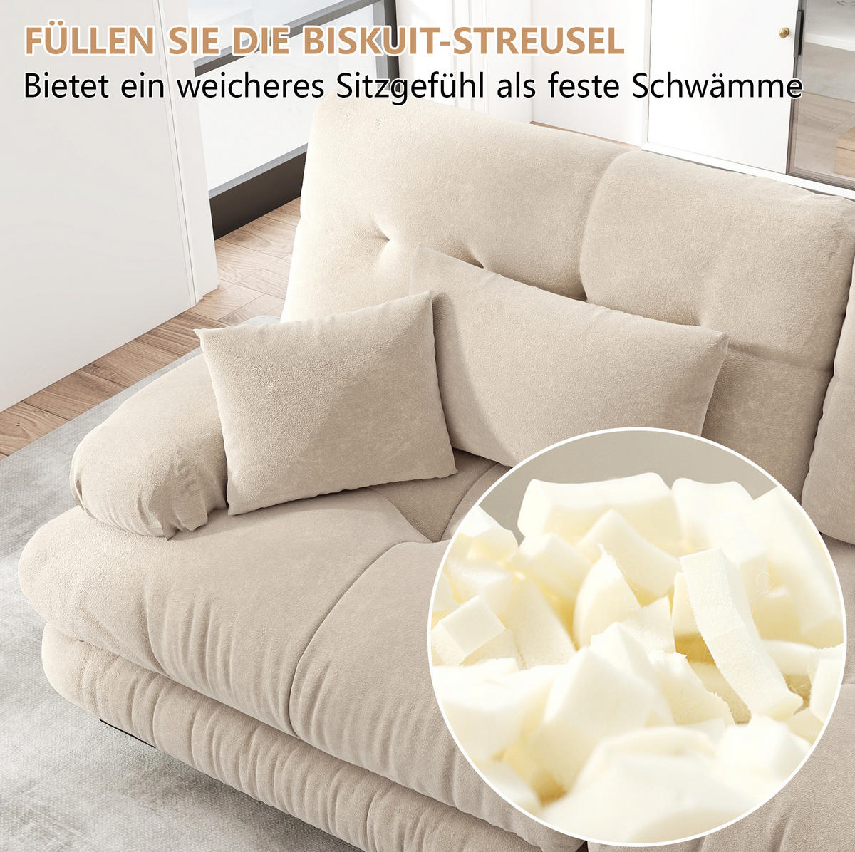 ECKSOFA aus Chenille Hellbraun mit beweglichen Ottomane-Elementen, breiten Armlehnen und Zierkissen - Cappuccino, Textil (220/145cm) - Modfu