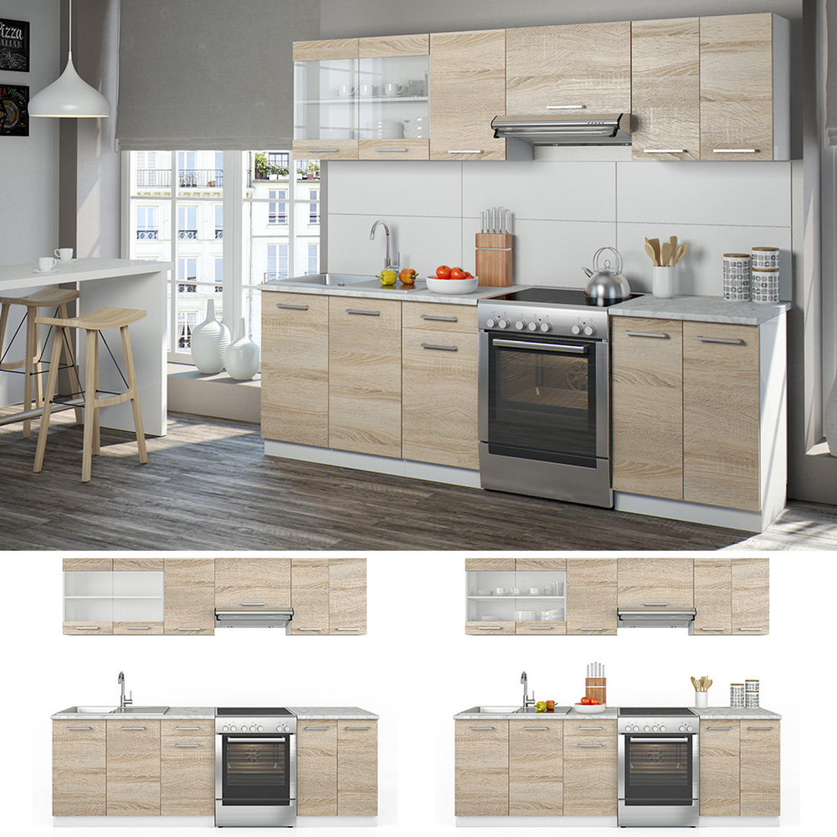 KÜCHENZEILE Raul Sonoma 240 cm, AP Marmor mit LED-Leisten - Weiß/Sonoma Eiche, Holzwerkstoff (240/81.6/60cm) - Vicco