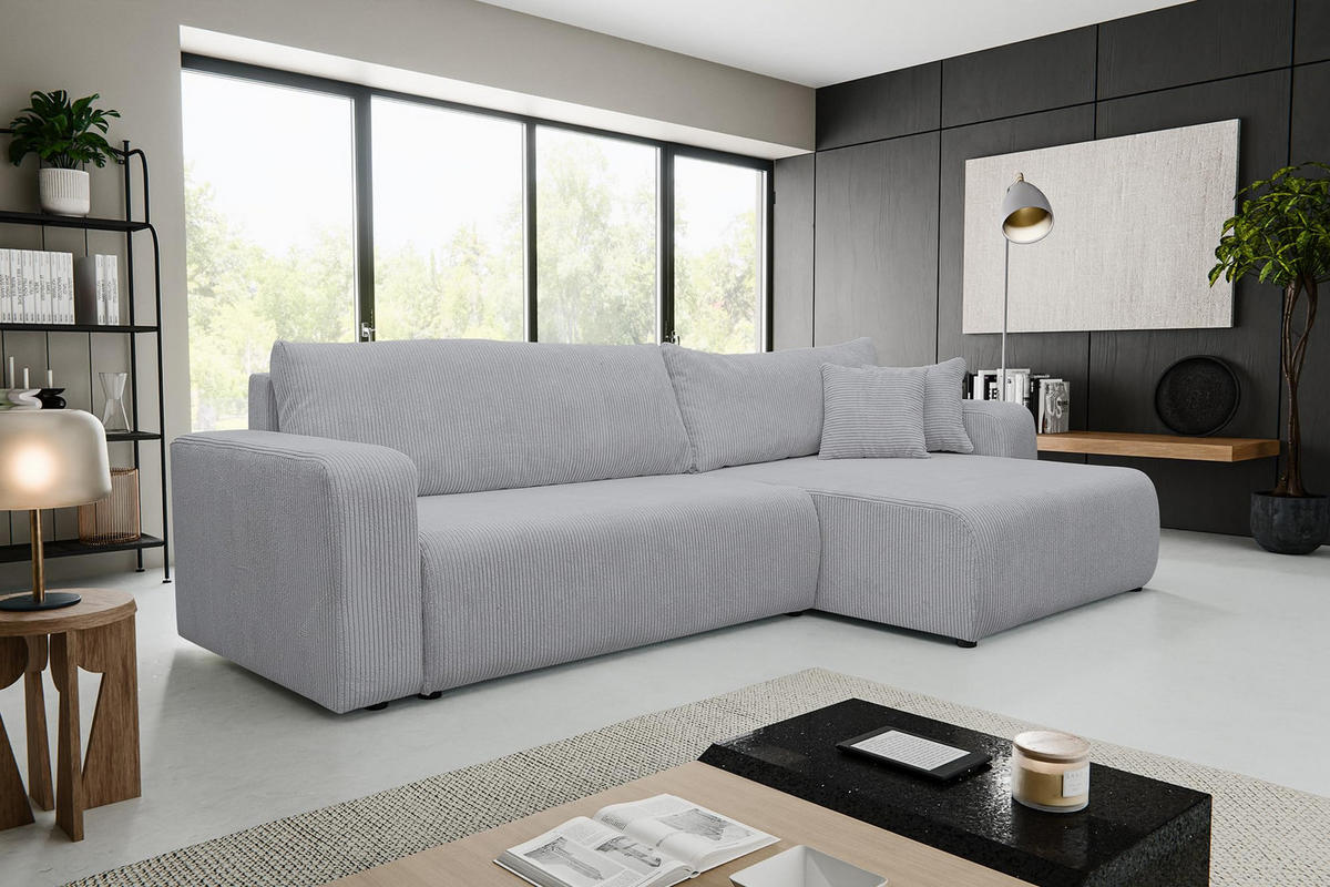 ECKSOFA Luna XL mit Schlaffunktion und Bettkasten Cord-Stoff (Grau) - Grau, Textil (274/142cm) - VENASI MÖBEL