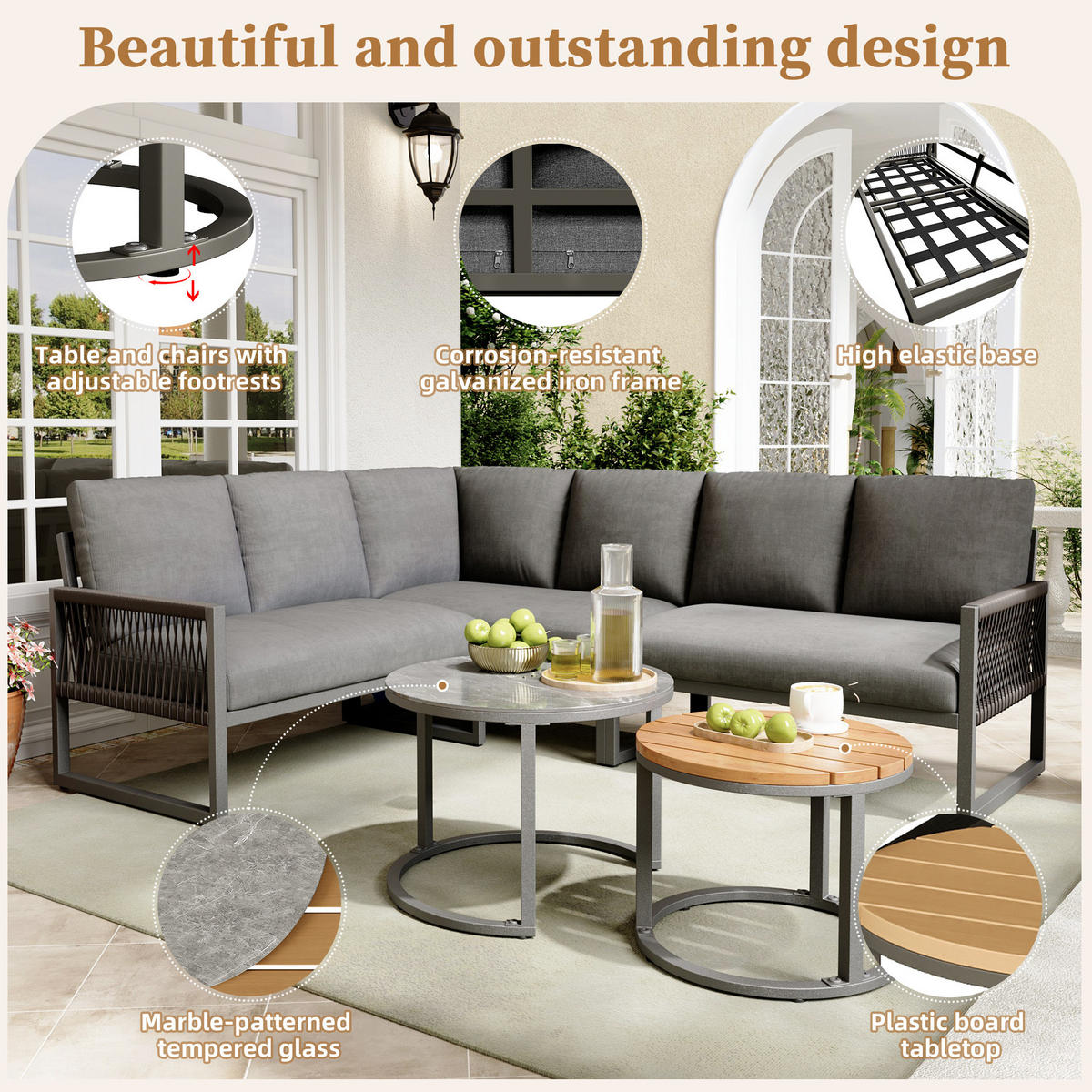 LOUNGE-SET Ecksofa 123 x 68 x 86 cm Metall Grau 4-tlg. - Grau, Metall - Beauniv
