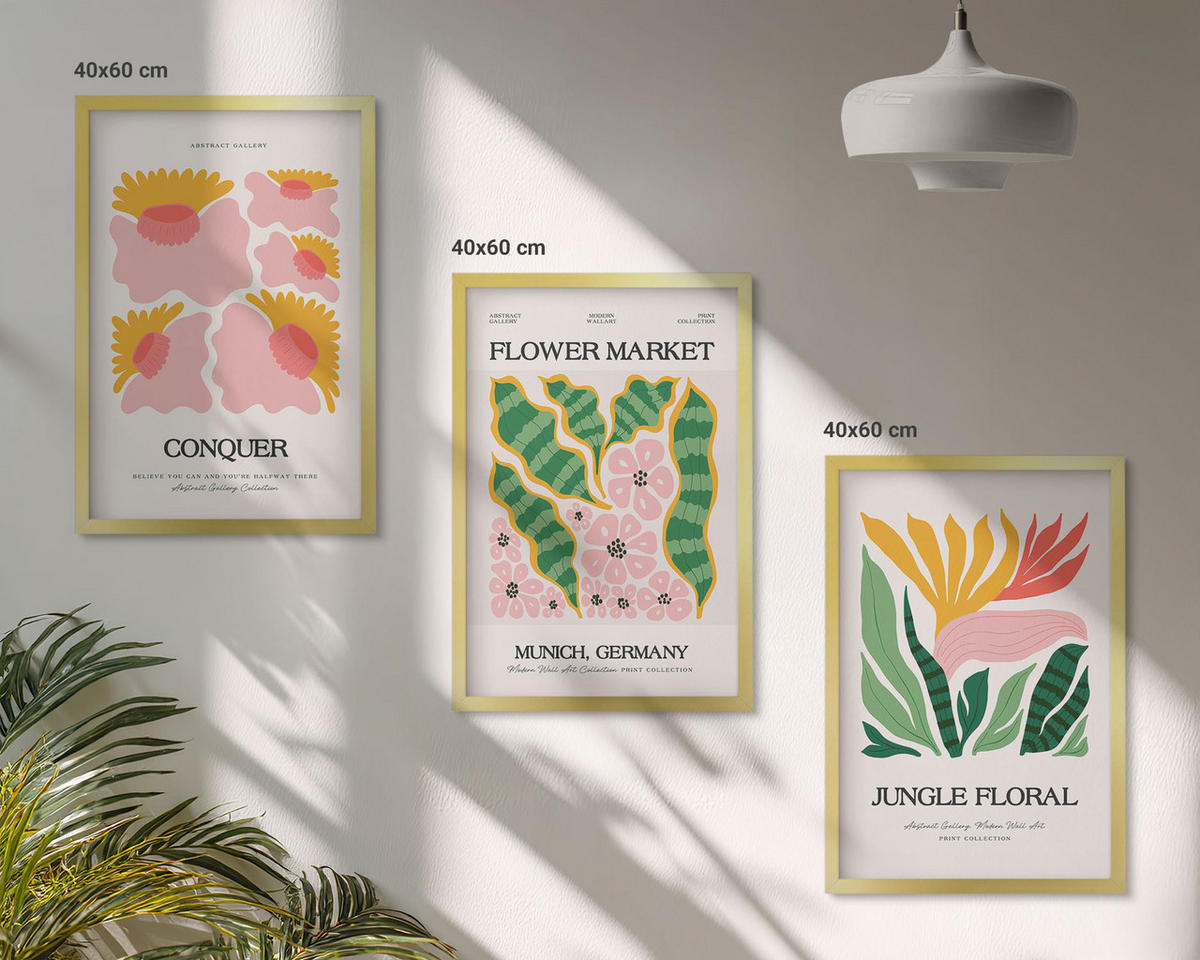 WANDBILDER 3er Set - 40x60 cm Goldrahmen - Blumen und Blätter – moderne Poster - Goldfarben, Kunststoff (40/60cm) - ArtPrintCave