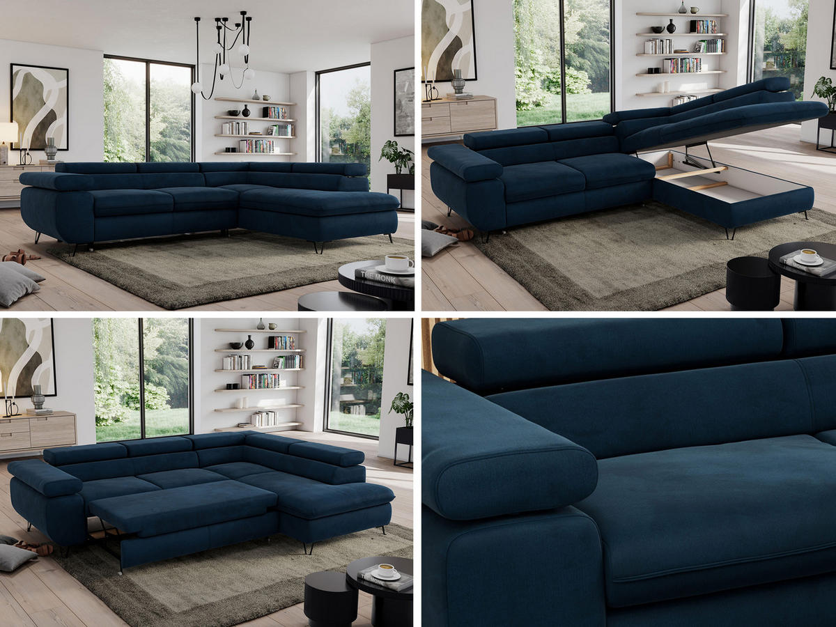 ECKSOFA PEDRO L Dunkelblau Velvet - Rechts Seite - Schwarz/Dunkelblau, Textil/Metall (273/208cm) - MKS