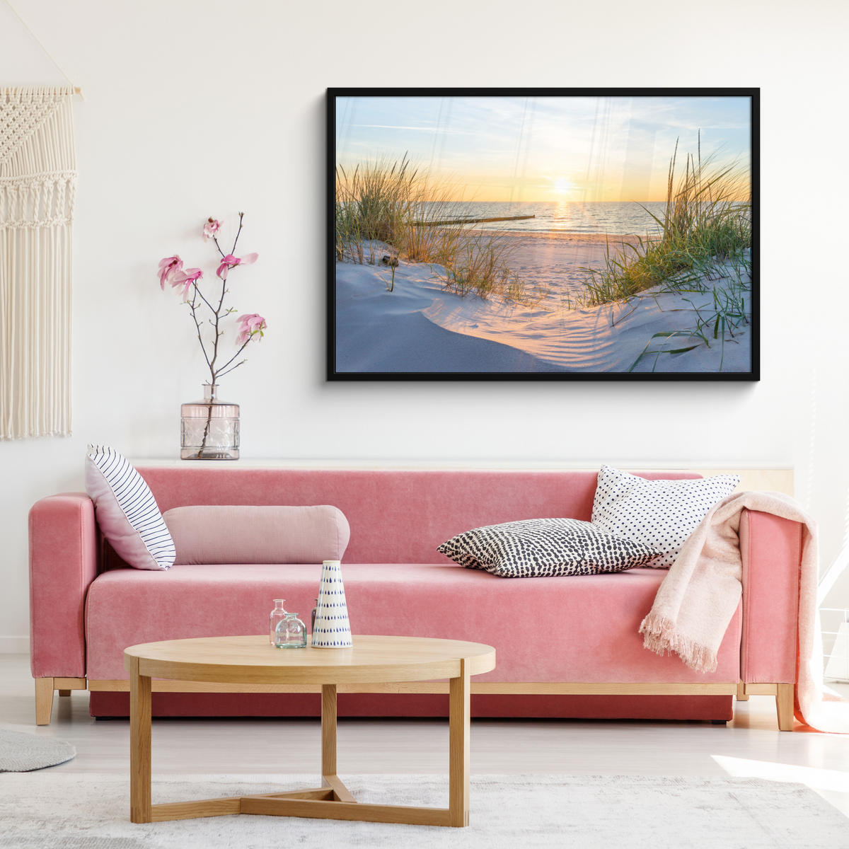 POSTER MIT RAHMENGERAHMTES BILD Strand - Sonne - Düne - Gras - Sand - Horizont 120x80 cm - Hellblau, Papier (120/80cm) - MuchoWow