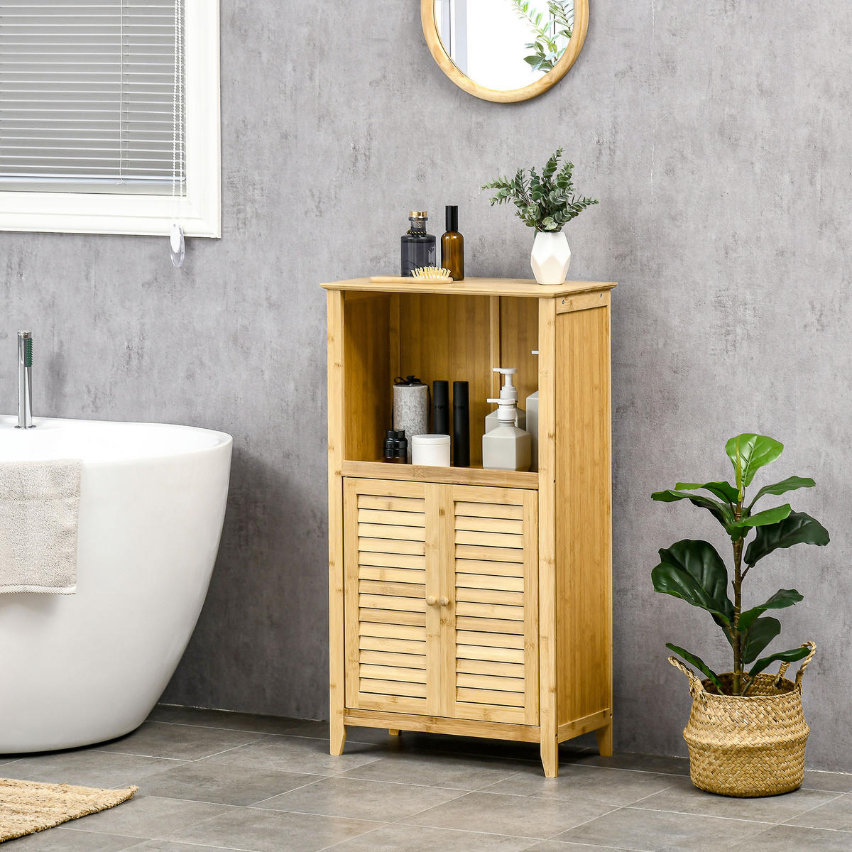 BADZIMMERSCHRANK mit offenem Regal, Bambus, Natur, 50 x 25,5 x 92 cm - Naturfarben, Holz (25.5/92/50cm) - HOMCOM