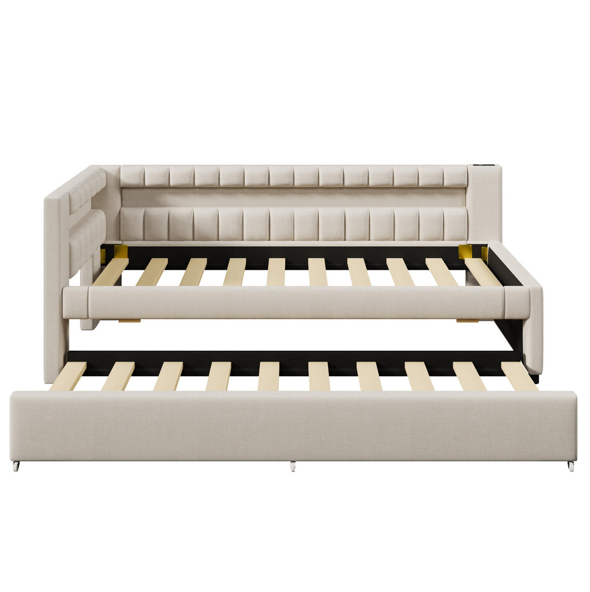 POLSTERBETT 90/200 cm mit Ausziehbett, LED-Lichtleiste, USB- und Type-C-Anschluss, Leinenbezug, Beige - Beige, Textil (90/200cm) - Redom