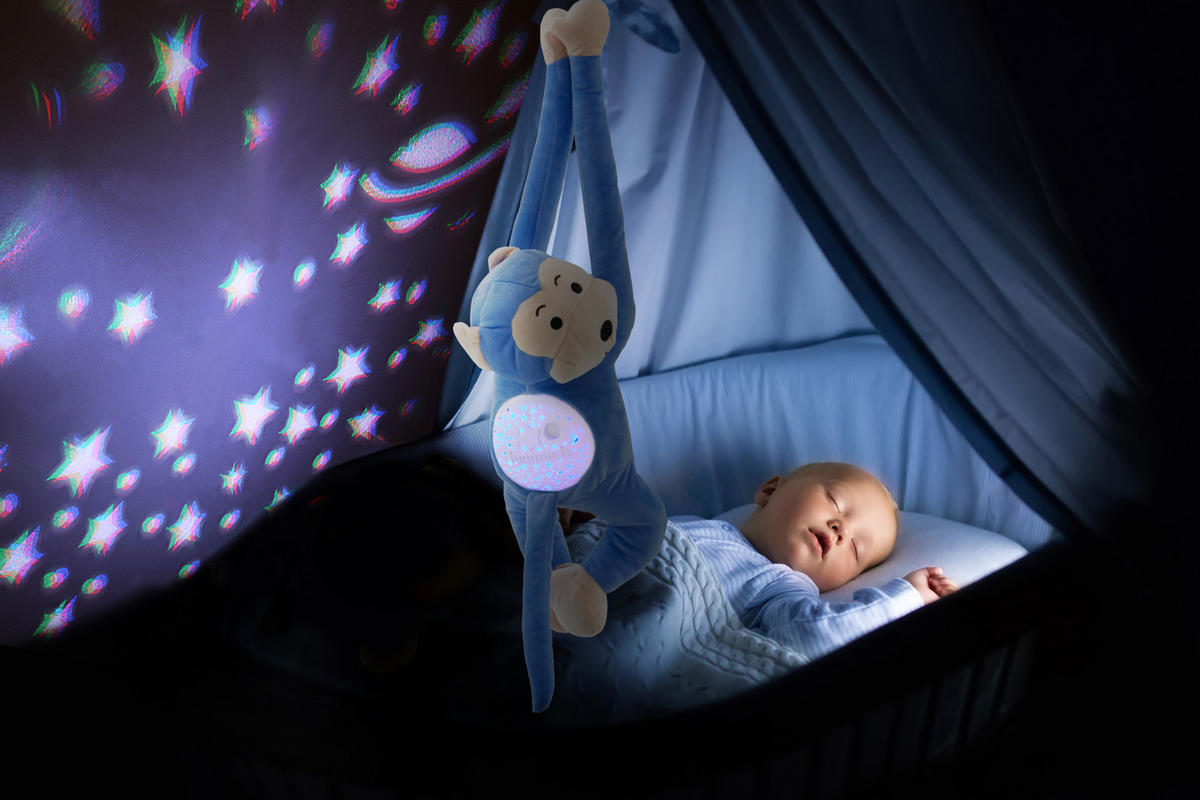 LED-PLÜSCHTIER-NACHTLICHT - Sternenprojektor mit 13 Schlummermelodien und waschbarem Äffchen, batteriebetrieben - Blau, Kunststoff (10/10/10cm) - Northpoint