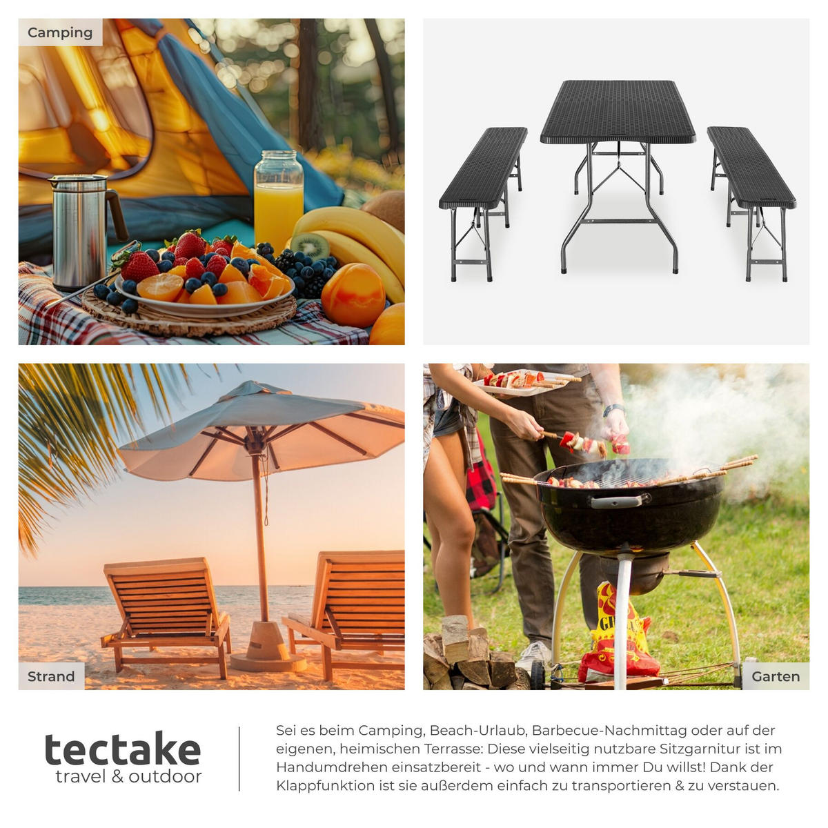 CAMPINGTISCHGARNITUR Vani,mit Tragegriffen,schwarz-Rattanoptik - Schwarz, Kunststoff (180/74/72cm) - tectake