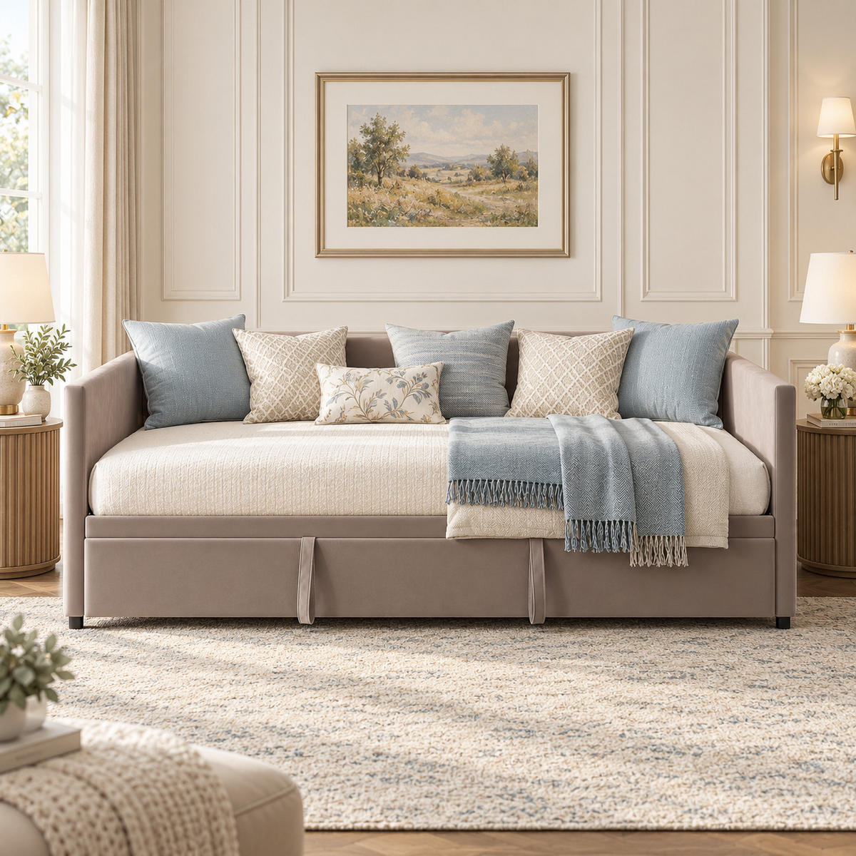 SCHLAFSOFA Samt grau ausziehbar mit Gästebett Funktion 3-fach umwandelbar Tagesbett mit Rollen - Grau, Metall (183/74/213cm) - Joyfair