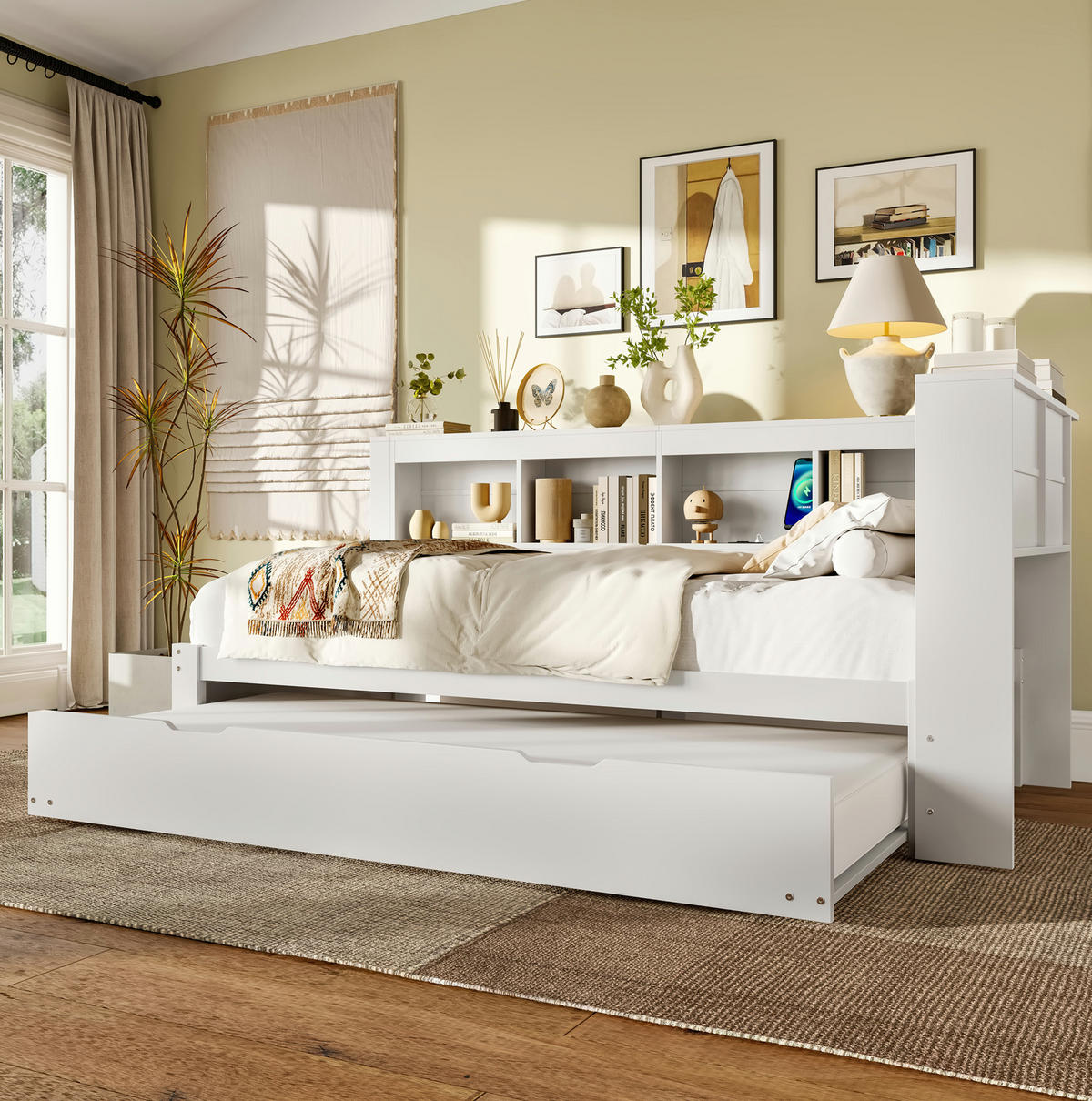 MULTIFUNKTIONSBETT 90/200 cm mit ausziehbarem Rollbett und 2 USB-Anschlüssen Weiß - Weiß, Holz (90/200cm) - OKWISH