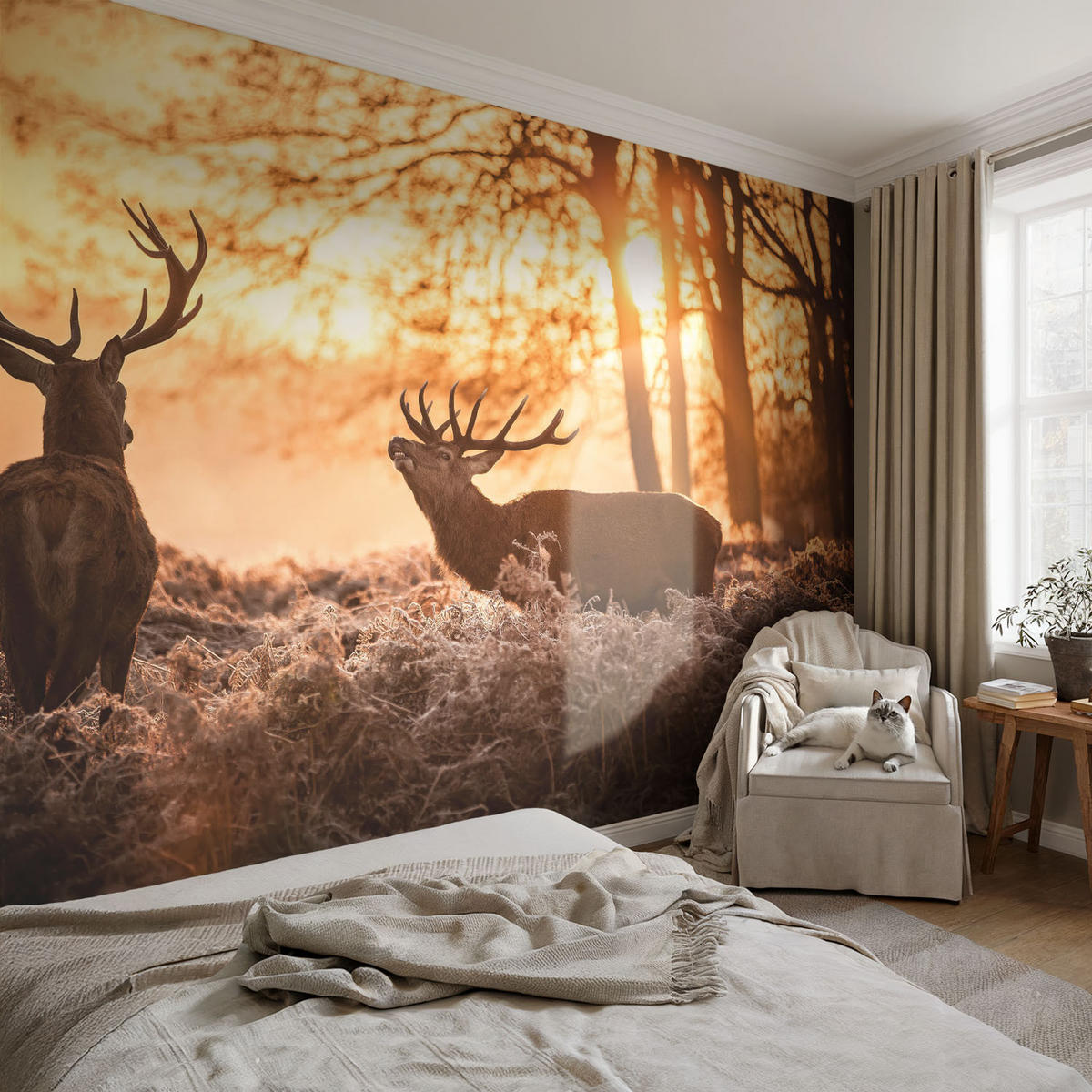 FOTOTAPETE 104x70 cm - Rehe am Morgen - Schwarz, Textil (104/70cm) - Wallfluent