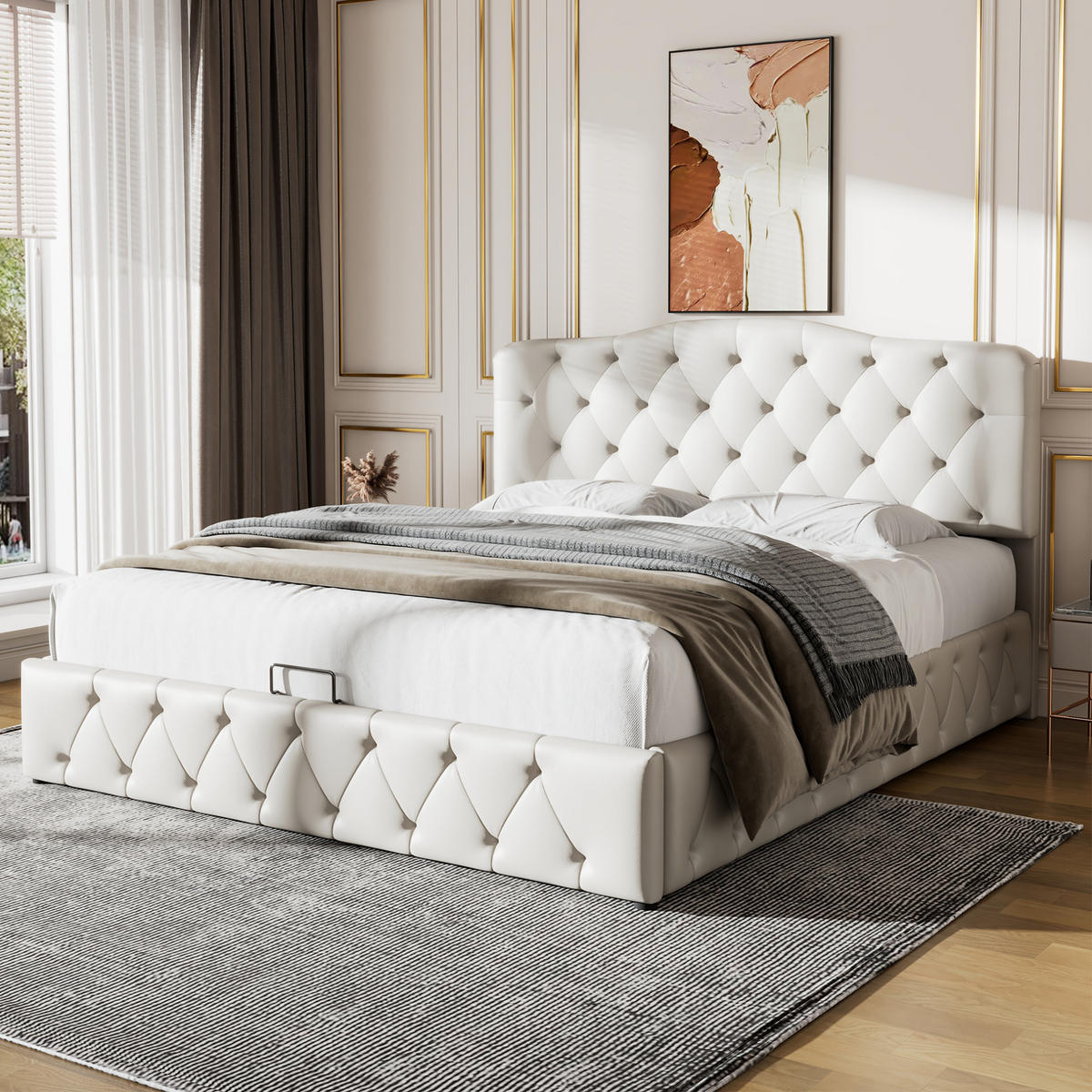 POLSTERBETT 140/200 cm Weiß mit Stauraum und höhenverstellbarem Kopfteil aus PU - Weiß, Kunststoff (140/200cm) - OKWISH
