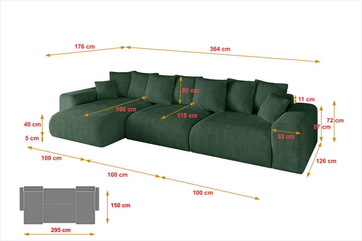 ECKSOFA Ottomane links ESKAR-L 364x176x72 Grün Cord - Schwarz/Grün, Holzwerkstoff/Kunststoff (364/176cm) - ALTDECOR