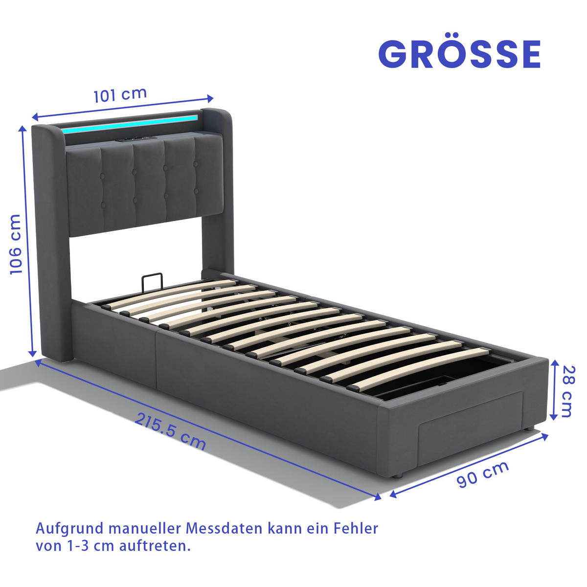 POLSTERBETT 90x200 cm in Dunkelgrau Samt mit Bettkasten, Schubladen und USB/LED-Beleuchtung, Einzelbett - Dunkelgrau, Holzwerkstoff/Textil (90/200cm) - CHICFURN