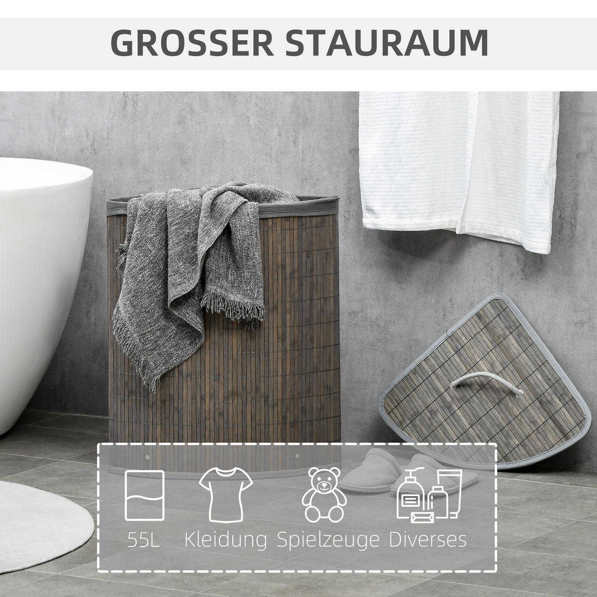 WÄSCHEKORB mit Deckel 55L, Bambus, Grau - Grau, Naturmaterialien (38/57/38cm) - HOMCOM