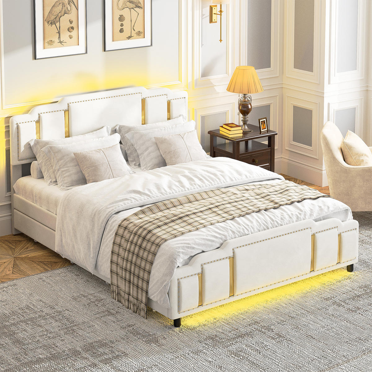 POLSTERBETT 140/200 cm Beige mit 2 Schubladen und LED-Ambientebeleuchtung - Beige, Textil (140/200cm) - Oxeza