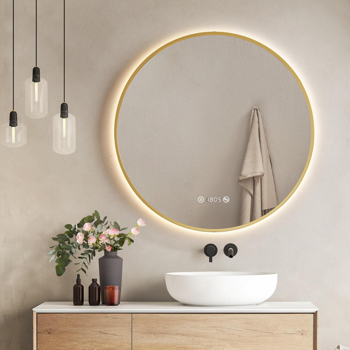 BADSPIEGEL Rund mit Beleuchtung Gold ф80 cm - Goldfarben, Glas (80/3.1/80cm) - EMKE