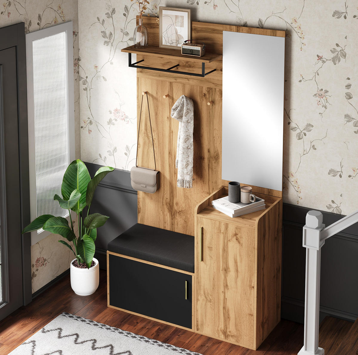 GARDEROBE mit Spiegel und Sitzbank 100 x 38 x 185 cm Eiche-Schwarz - Schwarz, Holzwerkstoff (38/185/100cm) - Beauniv