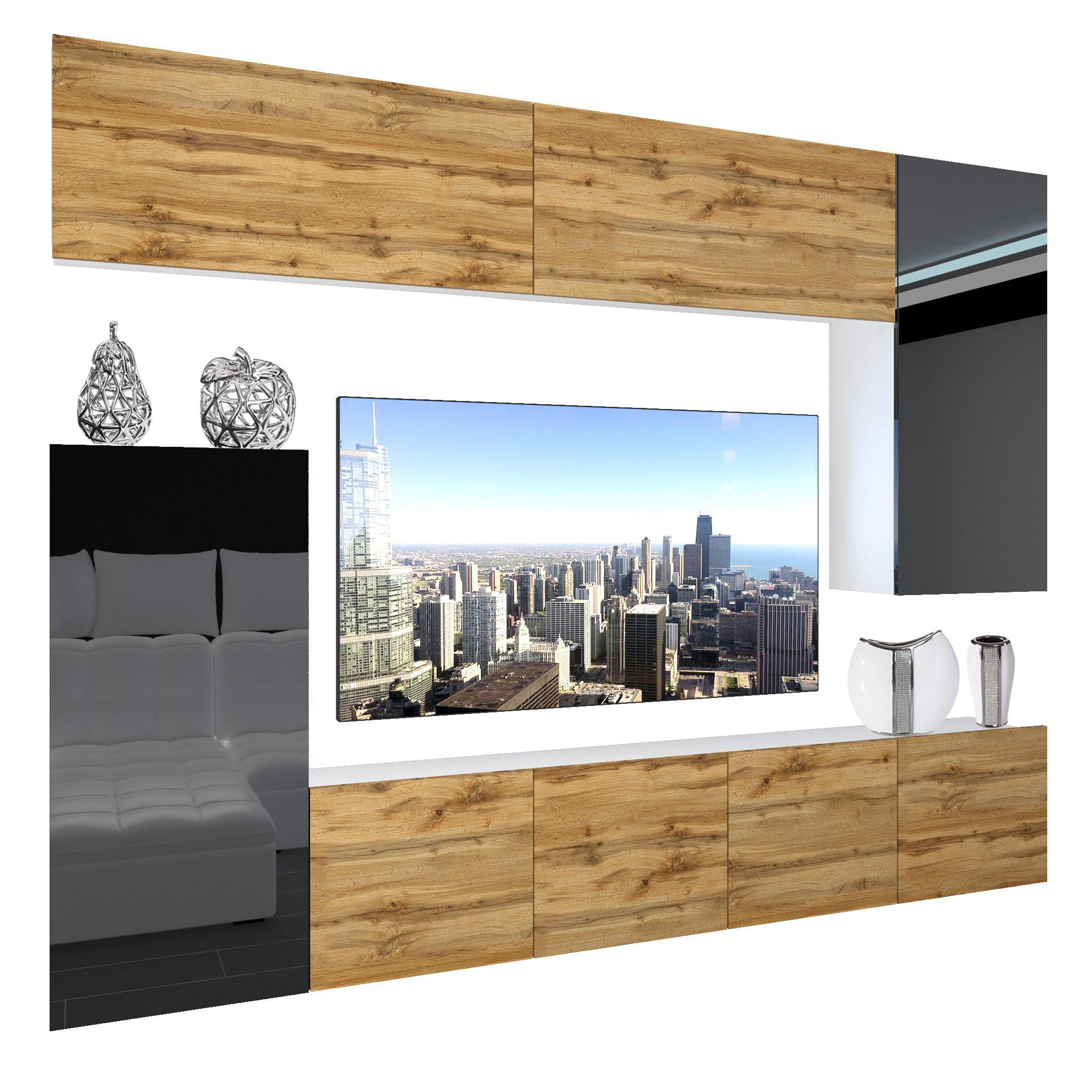 WOHNZIMMERWAND Schrankwand mit LED Wotan Eiche / Schwarz - Schwarz/Braun, Holz (250/180/36cm) - B BELINI GROUP