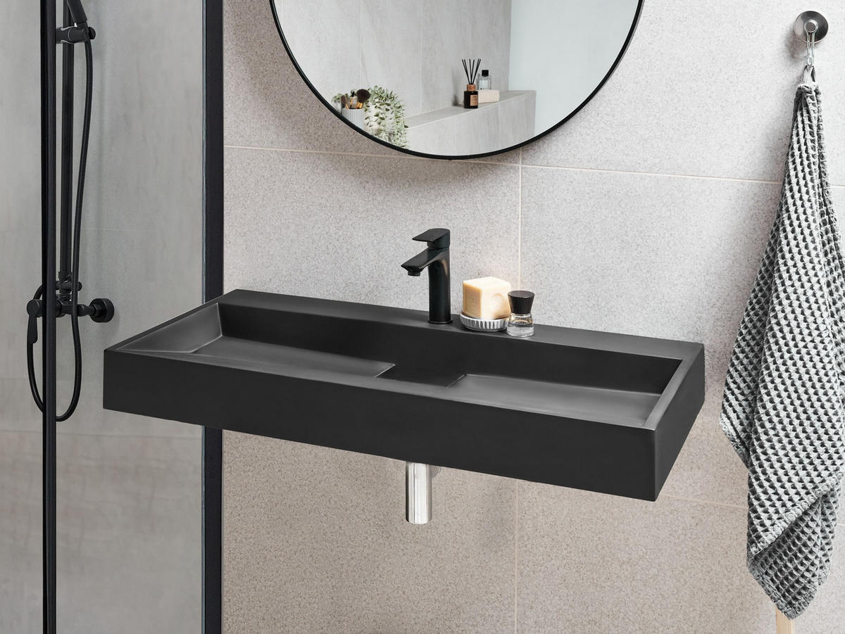HÄNGEWASCHBECKEN Schwarz 100/46 cm Mineralguss Quenko - Schwarz, Naturmaterialien (100/12/46cm) - Beliani