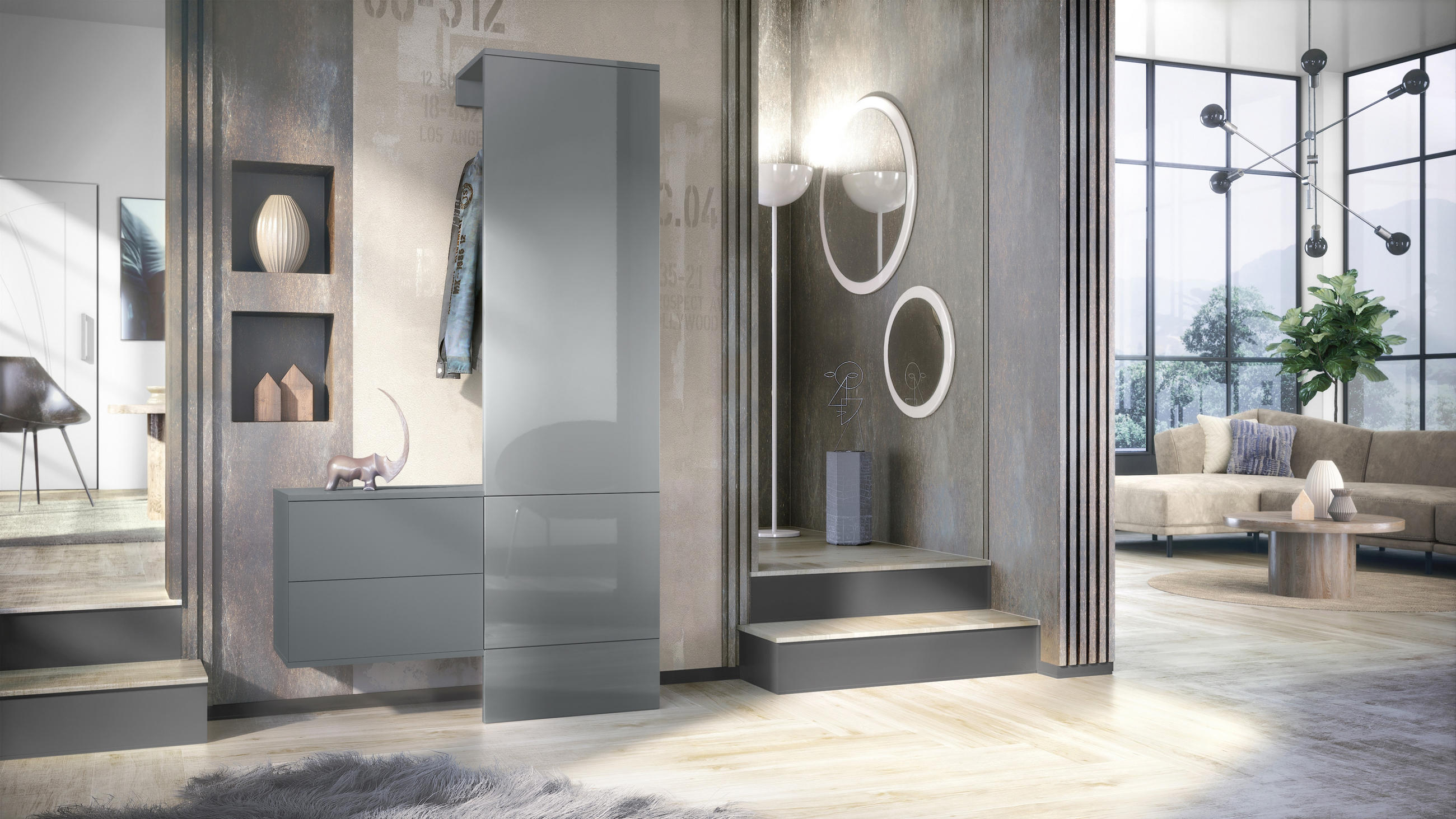GARDEROBE Carlton Paneel in Grau Hochglanz - Grau, Holzwerkstoff (105/193/35cm) - Vladon