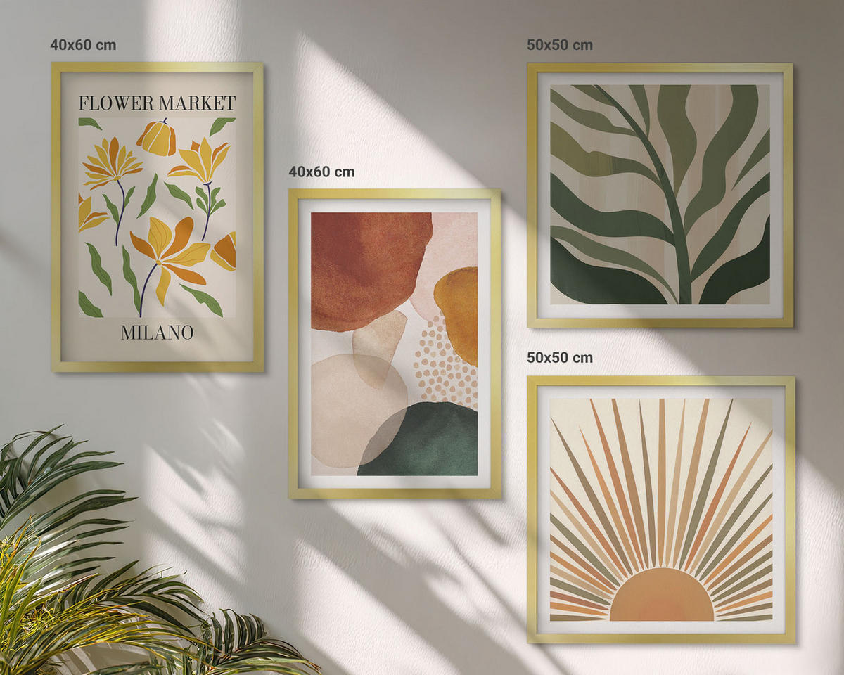 BILDER SET 4er Set - 50x50 cm & 40x60 cm Goldrahmen - Abstrakte Blumenmotive - Goldfarben, Kunststoff (50/50cm) - TULUP