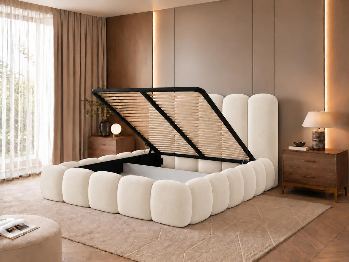 POLSTERBETT TEDDY 120x200 cm in Hellbeige mit Metalllattenrost, Bettkasten, gepolstertes Kopfteil Velvet-Stoff - Beige, Holz/Textil (140/200cm) - EMLAR Home