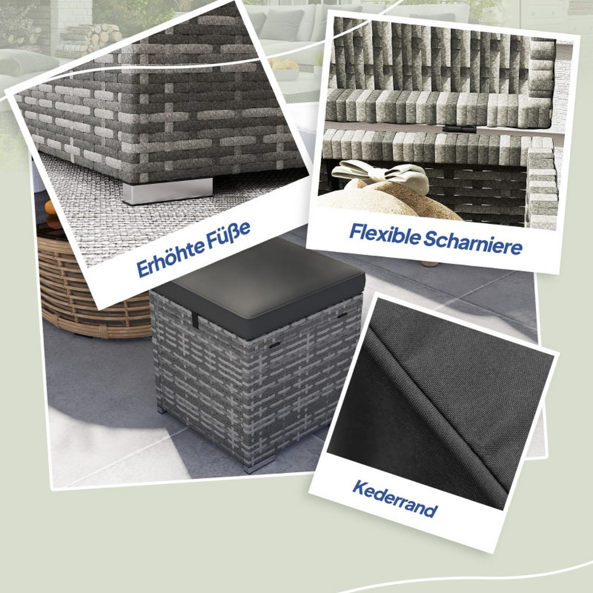 RATTANHOCKER 2er Set Stauraum Kissen 40x40x41 cm grau - Dunkelgrau, Naturmaterialien (40/41/40cm) - LEBENLANG