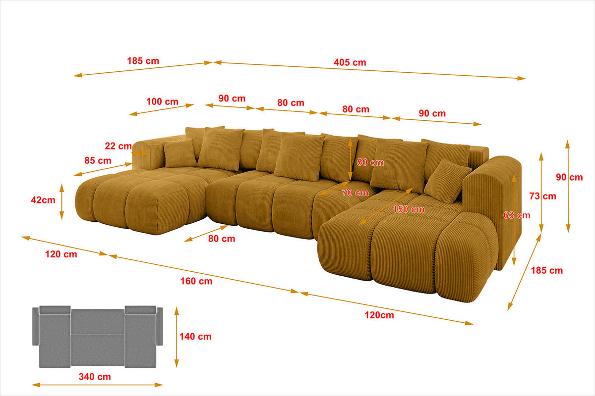 WOHNLANDSCHAFT CLOUD-U-v1 405x185x90 Senfgelb Cord - Currygelb, Holzwerkstoff/Kunststoff (405/90/185cm) - ALTDECOR
