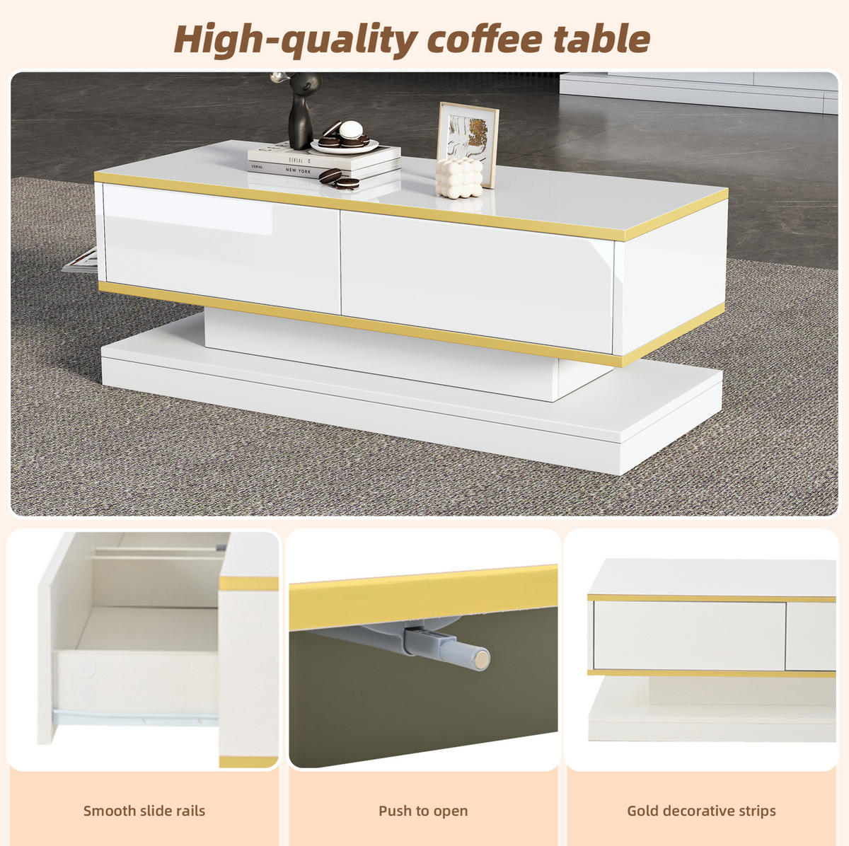 COUCHTISCH 100/50/38 cm warmweiß mit Goldrand aus Spanplatte mit 2 Schubladen - Weiß, Holzwerkstoff (100/50/38cm) - OKMYHOME