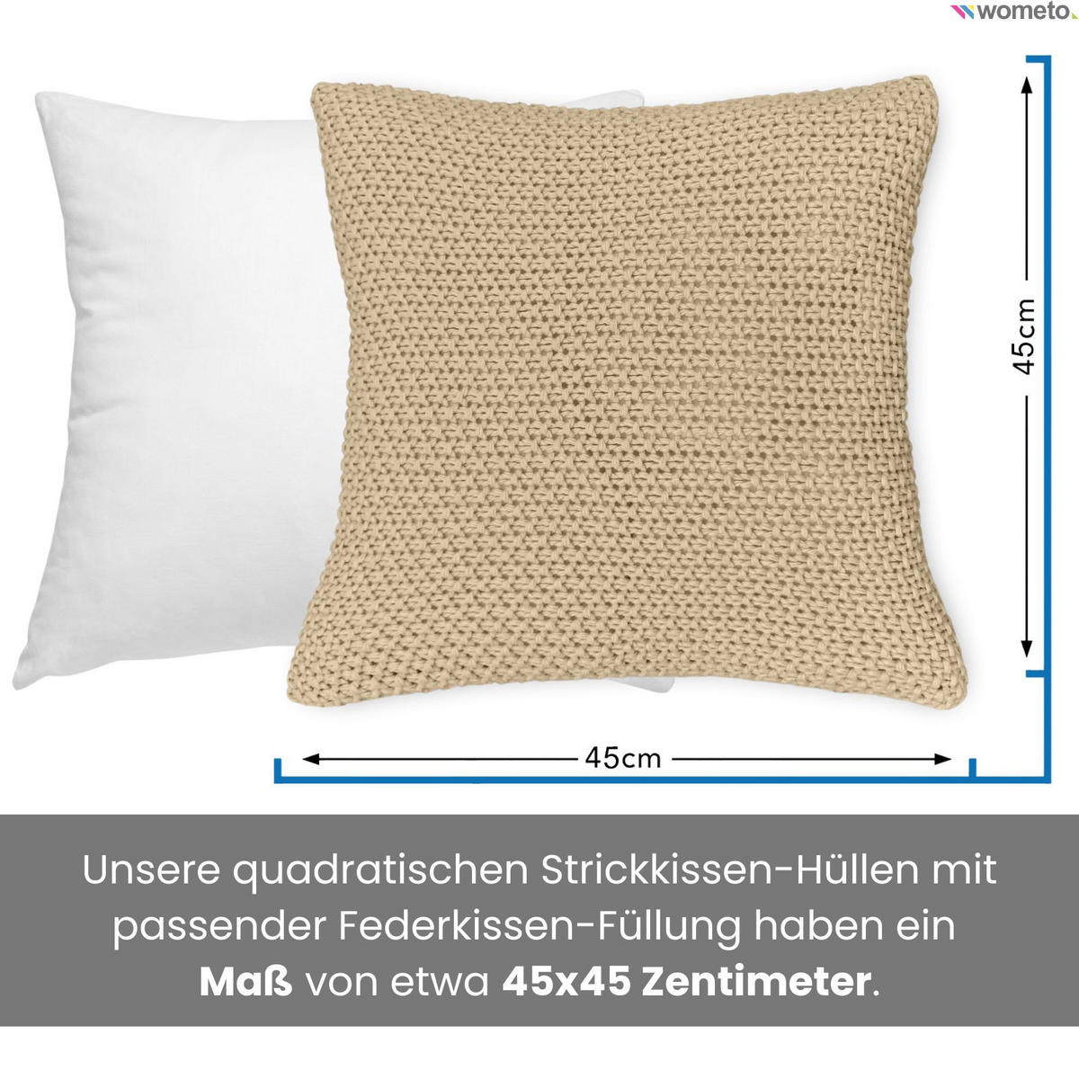 KISSENHÜLLE Strick beige 45/45 cm mit Reißverschluss inkl. 100% Federkissen - Beige, Textil (45/45cm) - wometo