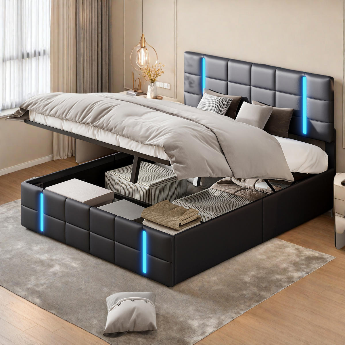 DOPPELBETT 160x200cm schwarz kunstleder acryl led usb - Schwarz, Metall - SHOPENTRA
