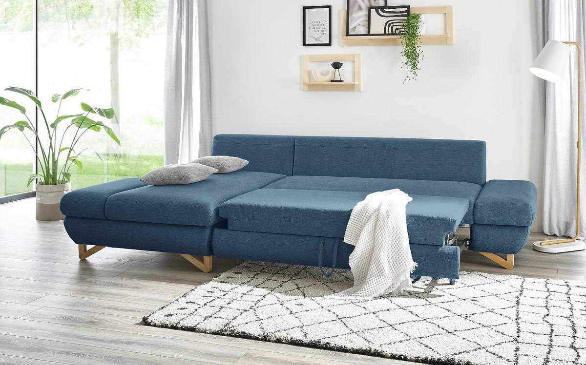 ECKSOFA blau Struktur-Stoff, Sofa mit Bettfunktion und Stauraum 284 cm - Blau, Holz/Textil (166/284cm) - Furn.Design