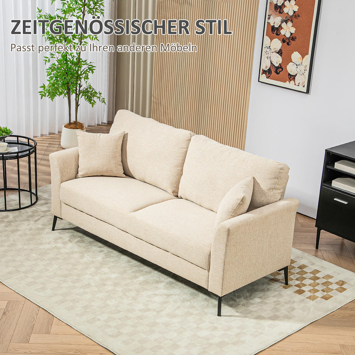 2 Sitzer Sofa, Couch mit Leinenoptik, Metallbeine, Polstersofa Doppelsofa - Beige/Schwarz, Textil/Metall (80/89/179cm) - HOMCOM