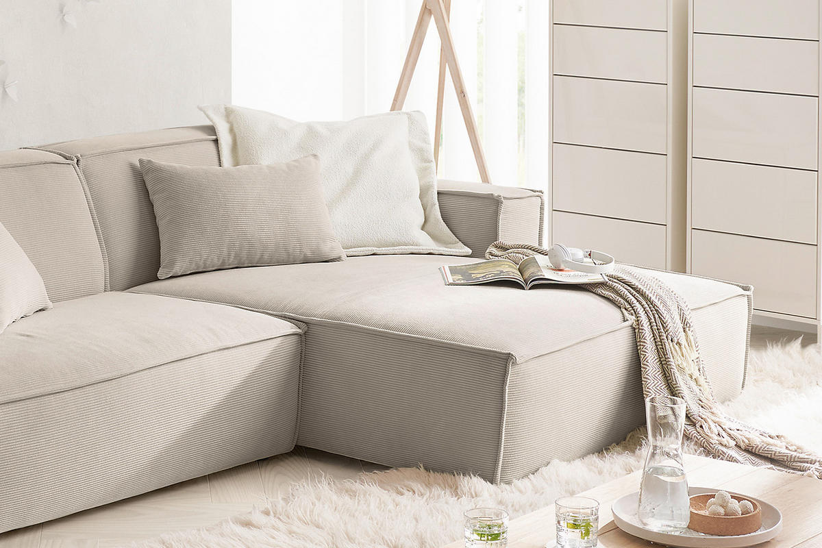 ECKSOFA SAMU Beige Cord - Beige/Schwarz, Textil (276/168cm) - KAWOLA