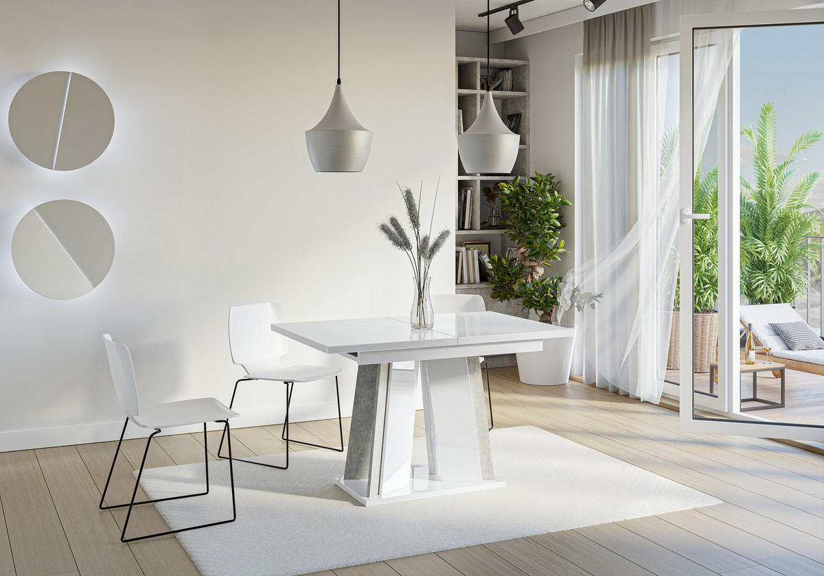 ESSTISCH Ausziehbar 120 - 160 cm Weiß Hochglanz und Grau Betonoptik - Weiß Hochglanz/Grau, Holzwerkstoff (120/80/75cm) - PROSPERO