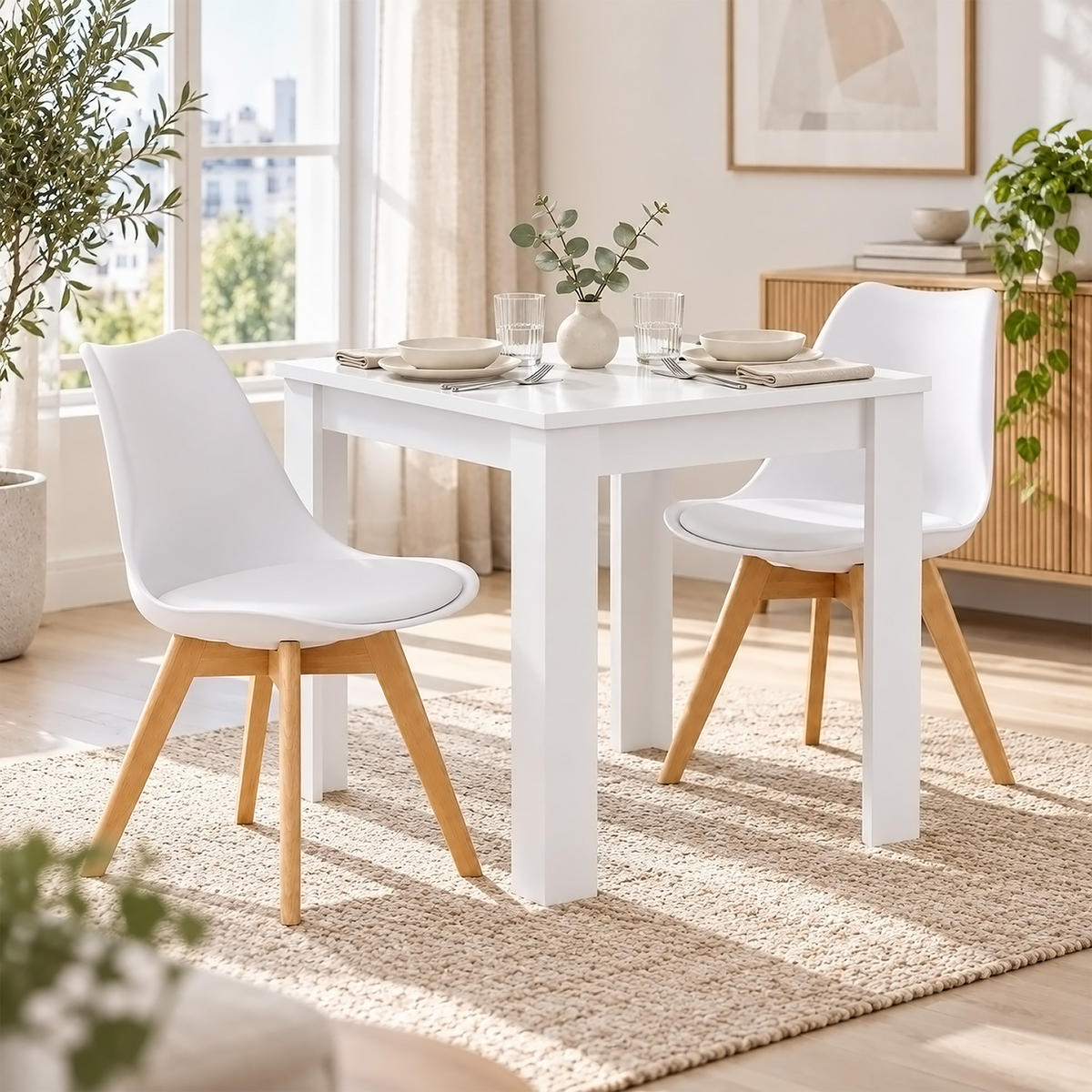 TISCHGRUPPE 80/80 cm Weiß mit 2 Stühlen - Weiß/Naturfarben, Holz/Kunststoff (80/80/80cm) - Homestyle4u