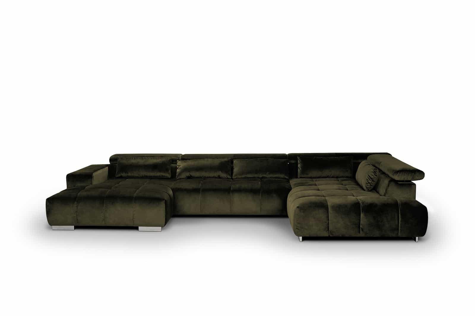 WOHNLANDSCHAFT XXL mit verstellbaren Kopflehnen, Velvet-Stoff - Silberfarben/Grün, Textil/Metall (225/73/409cm) - Cotta