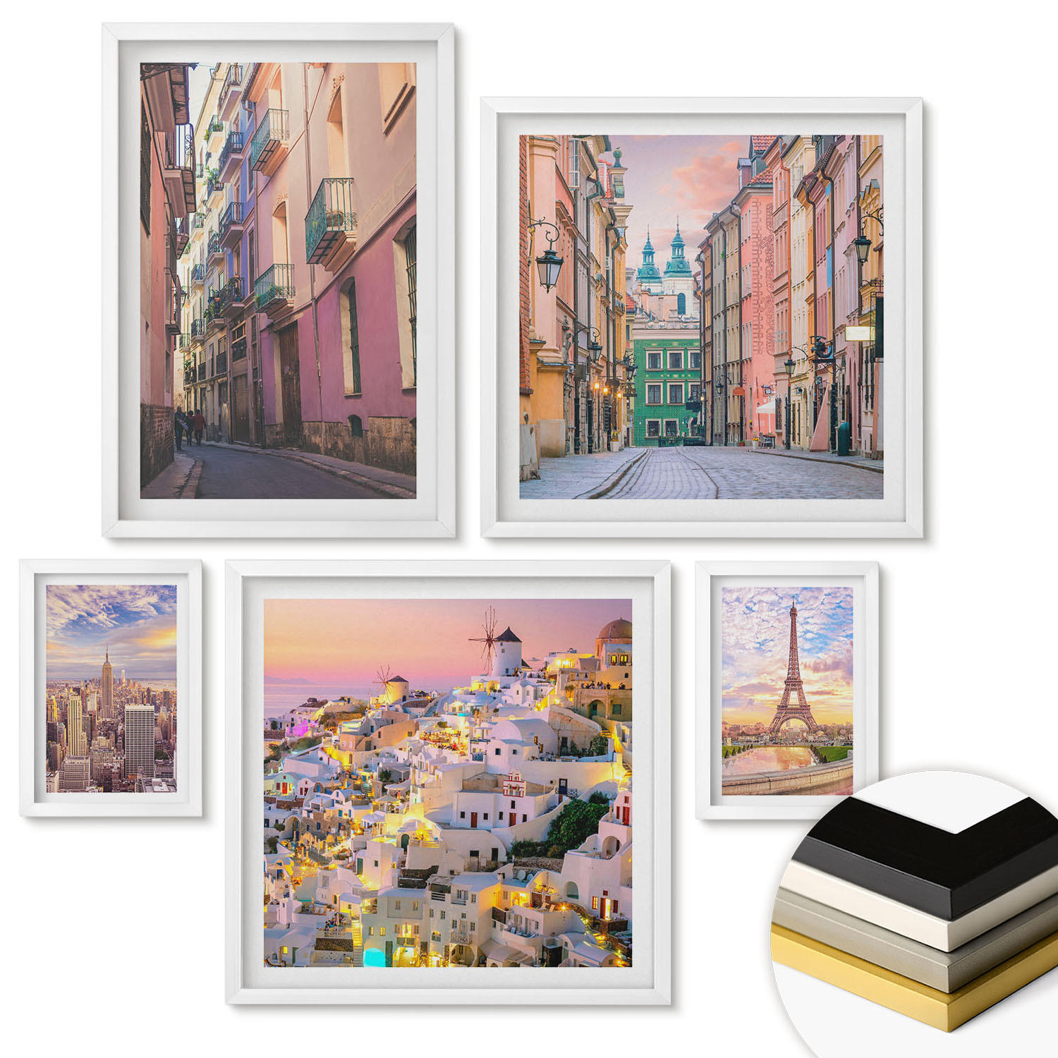WANDBILDER 5er-Set - 50x50 cm & 20x30 cm & 40x60 cm Weißer Rahmen - New York Paris Oia Warschau Dämmerung - Weiß, Kunststoff (40/60cm) - ArtPrintCave